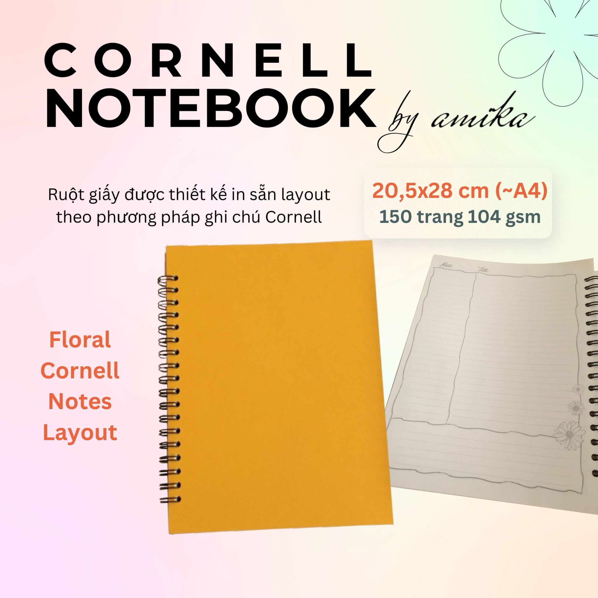 Sổ lò xo Floral Cornell 20,5x28 cm (xấp xỉ A4) - Bìa trơn