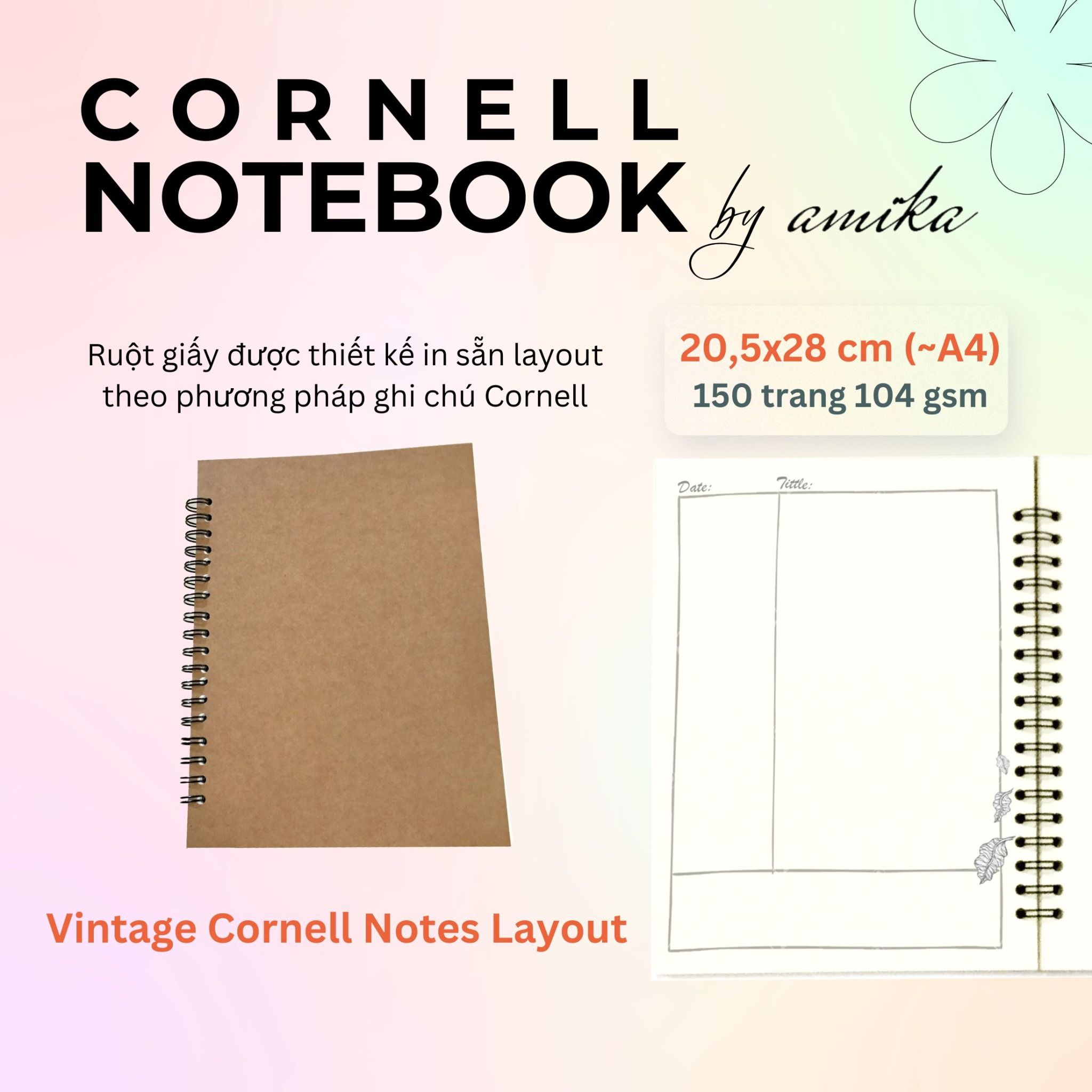 Sổ lò xo Vintage Cornell 20,5x28 cm (xấp xỉ A4) - Bìa trơn
