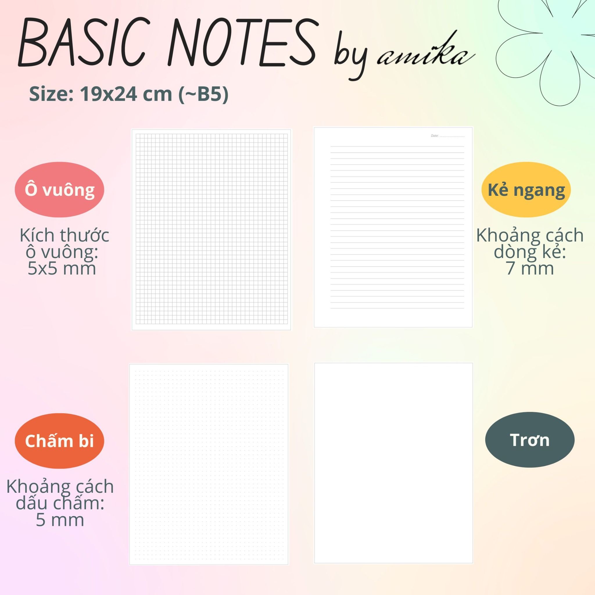60 tờ giấy note 104 gsm (có thể refill Sổ Còng) 19x24 cm (xấp xỉ B5)