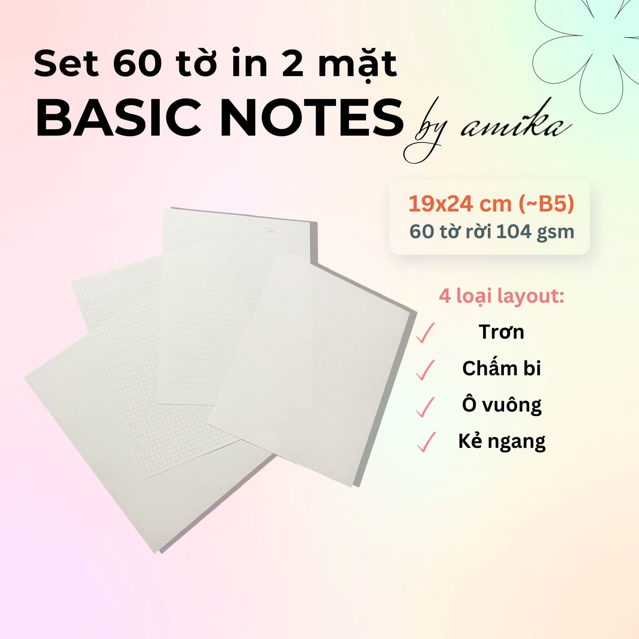 60 tờ giấy note 104 gsm (có thể refill Sổ Còng) 19x24 cm (xấp xỉ B5)