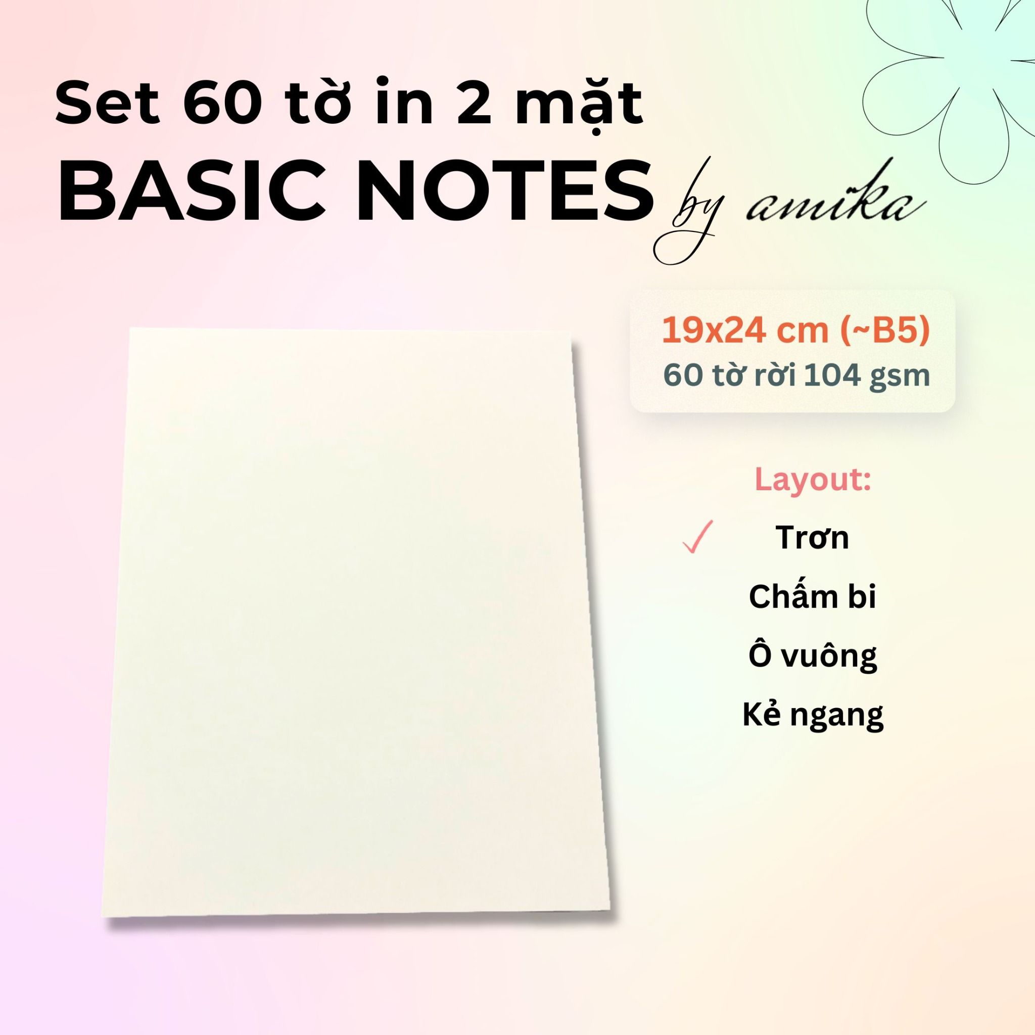 60 tờ giấy note 104 gsm (có thể refill Sổ Còng) 19x24 cm (xấp xỉ B5)