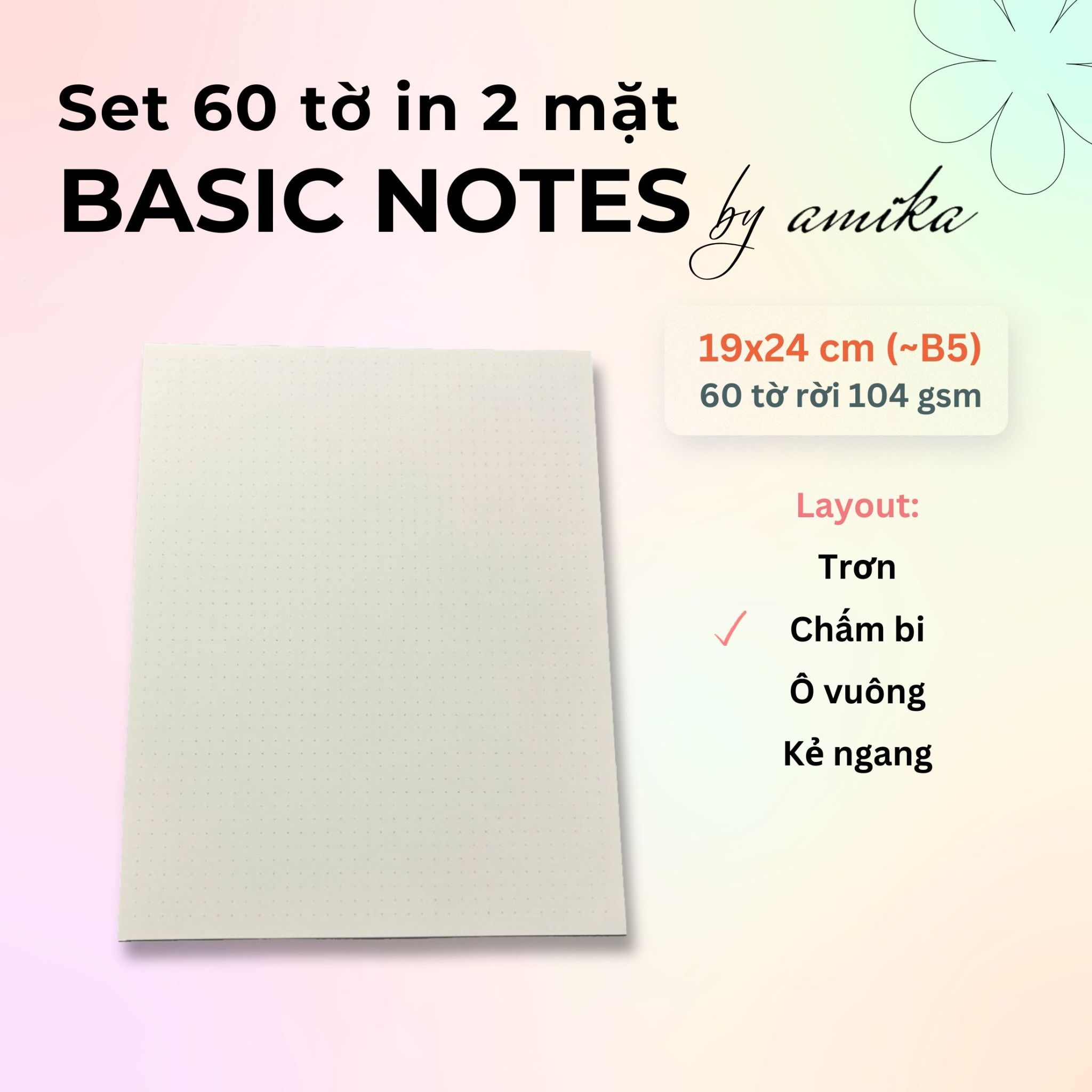 60 tờ giấy note 104 gsm (có thể refill Sổ Còng) 19x24 cm (xấp xỉ B5)