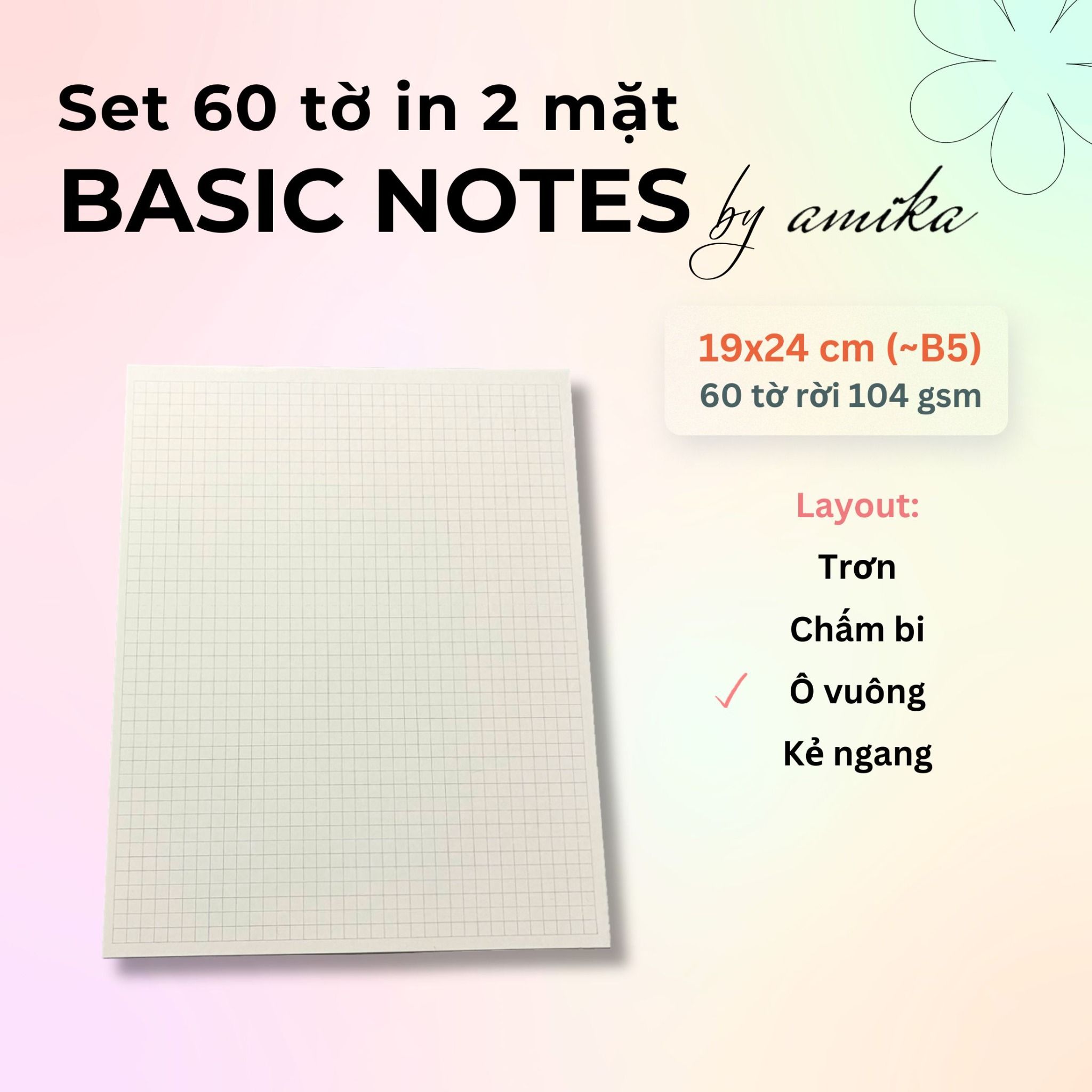 60 tờ giấy note 104 gsm (có thể refill Sổ Còng) 19x24 cm (xấp xỉ B5)