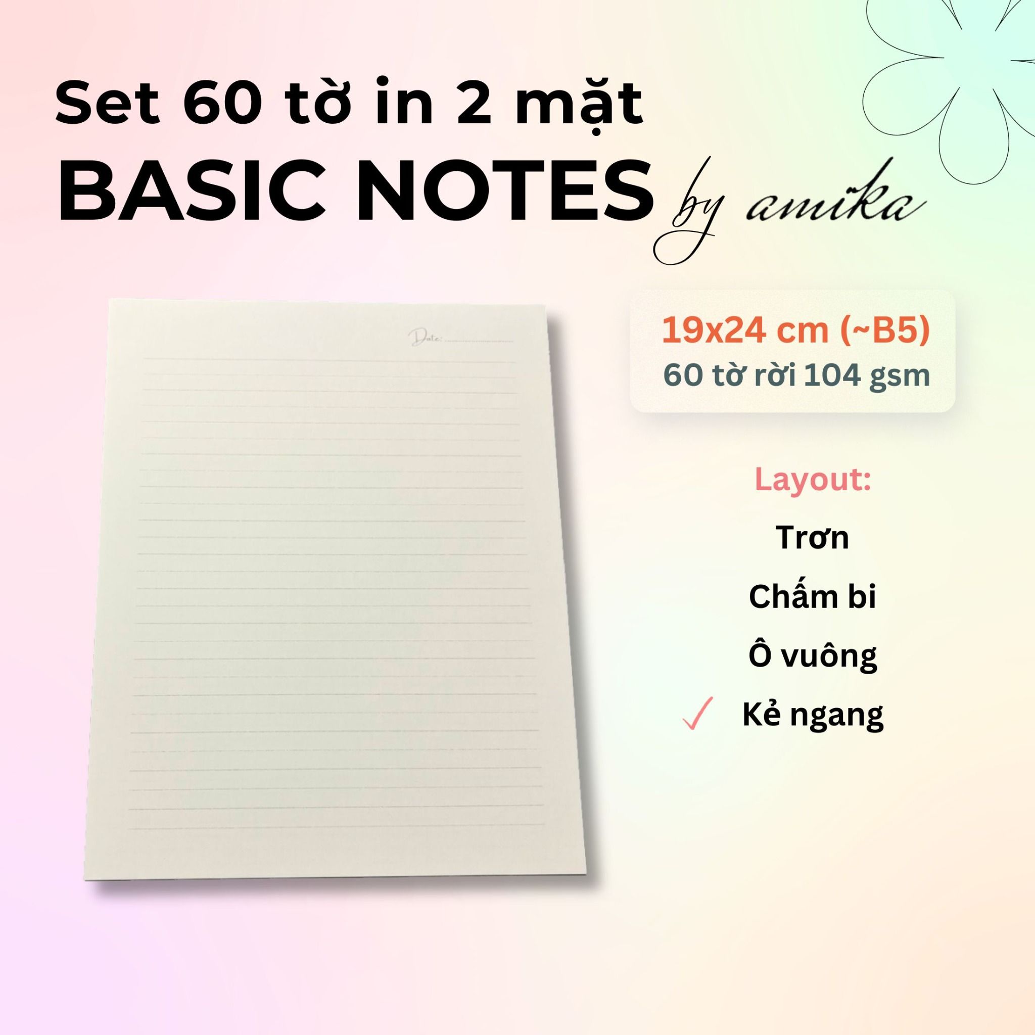 60 tờ giấy note 104 gsm (có thể refill Sổ Còng) 19x24 cm (xấp xỉ B5)