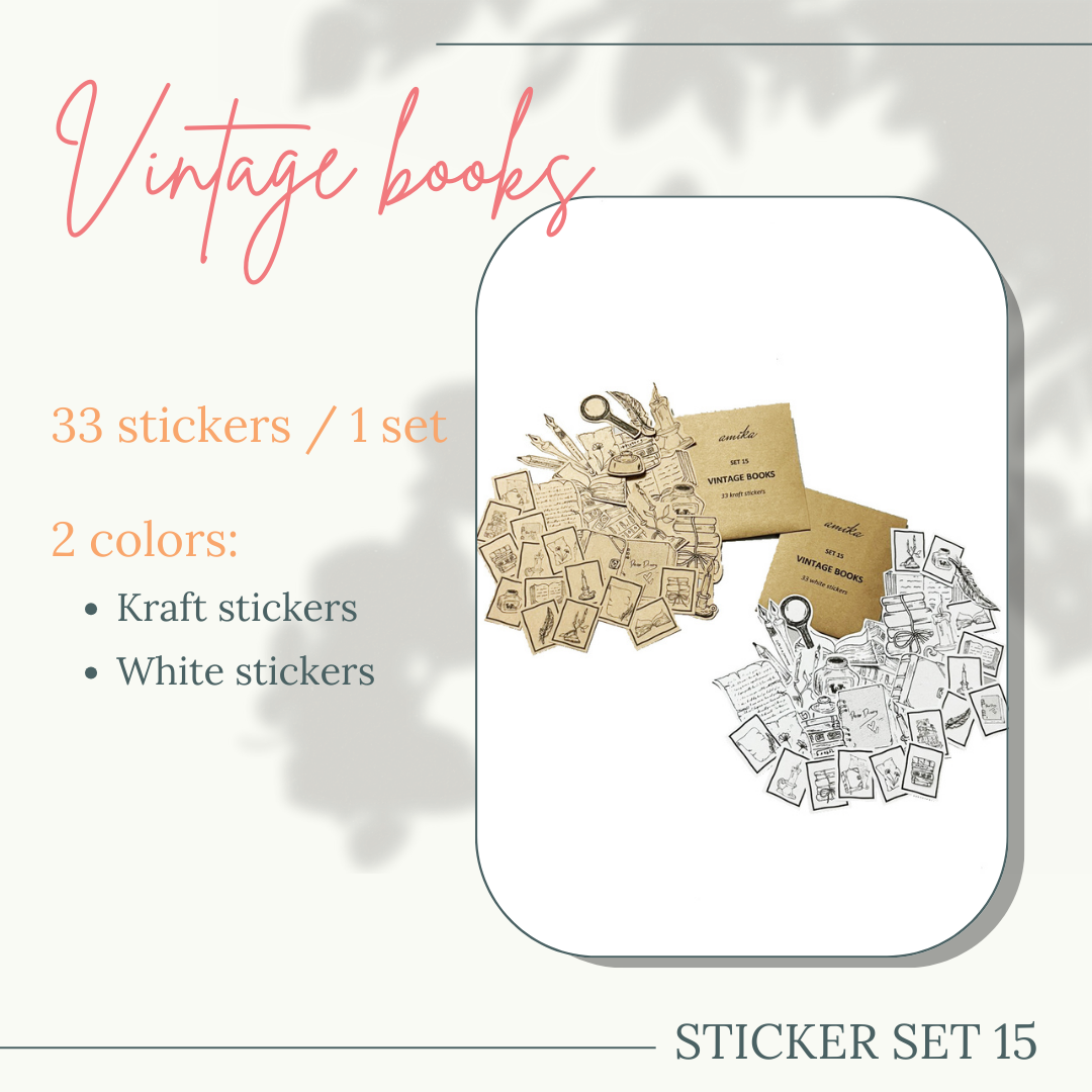 SET 15: VINTAGE BOOKS - 33 stickers họa tiết theo phong cách cổ điển