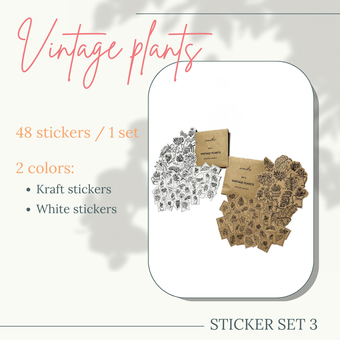 SET 3: VINTAGE PLANTS - 48 stickers họa tiết bình hoa, cành lá