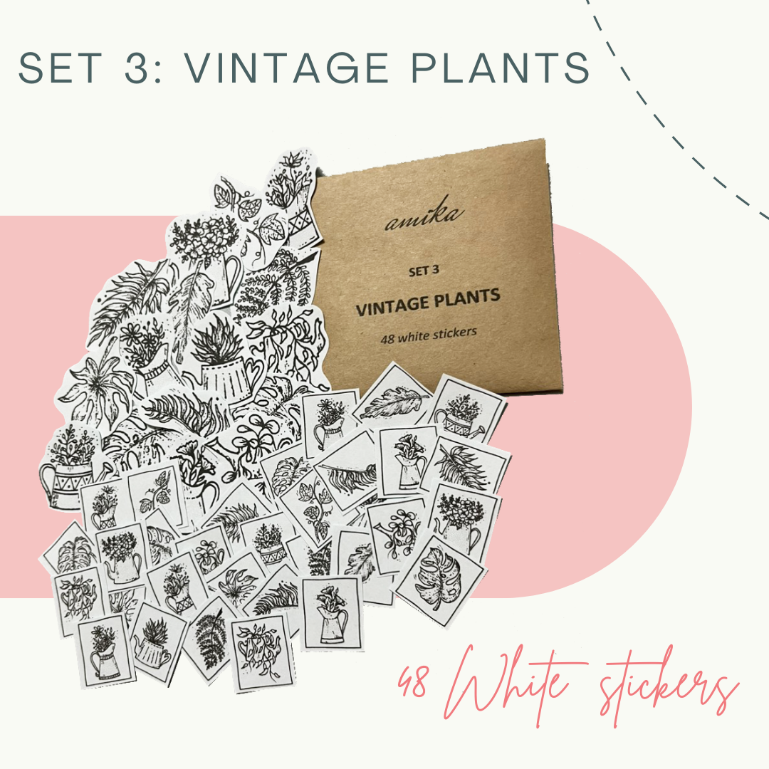SET 3: VINTAGE PLANTS - 48 stickers họa tiết bình hoa, cành lá