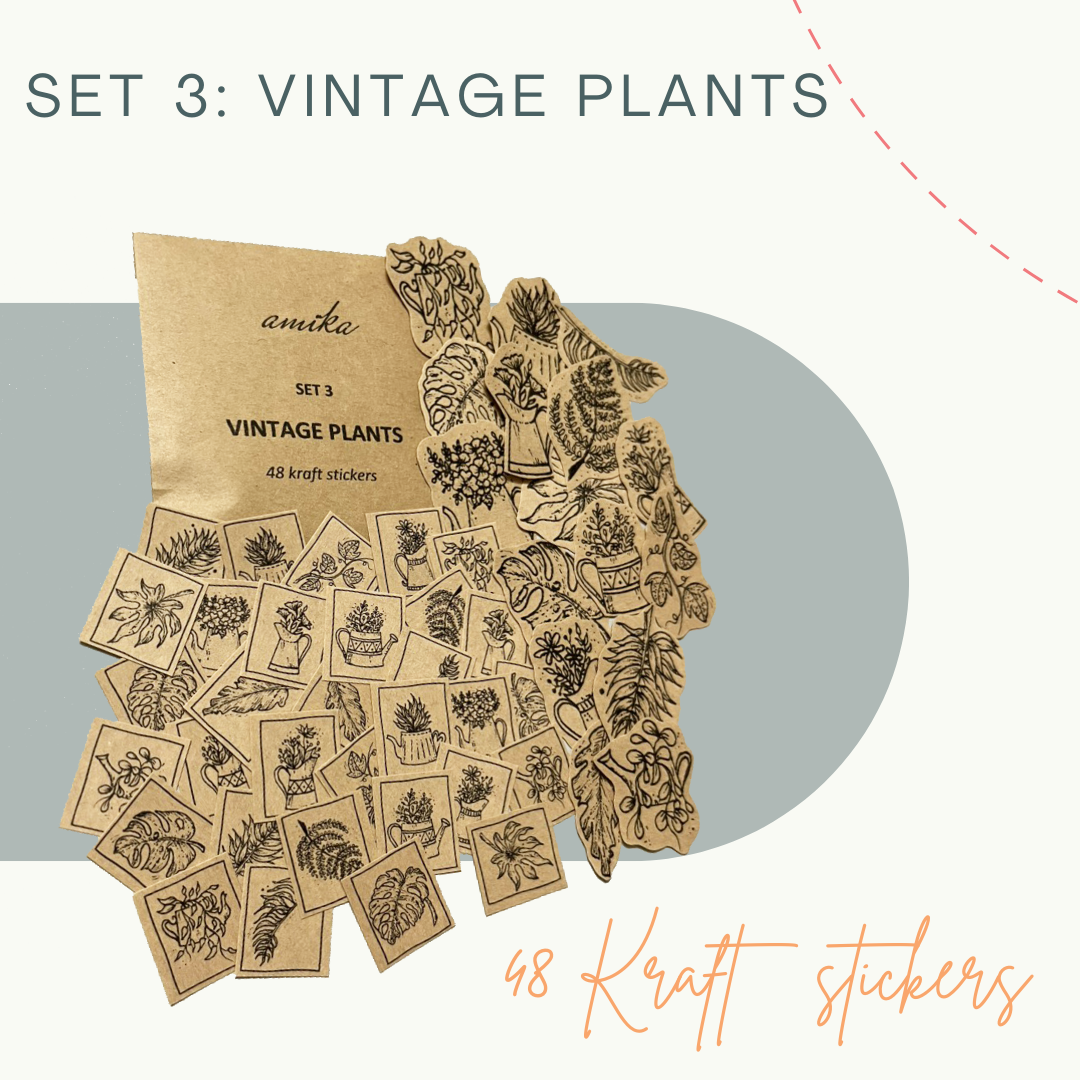 SET 3: VINTAGE PLANTS - 48 stickers họa tiết bình hoa, cành lá