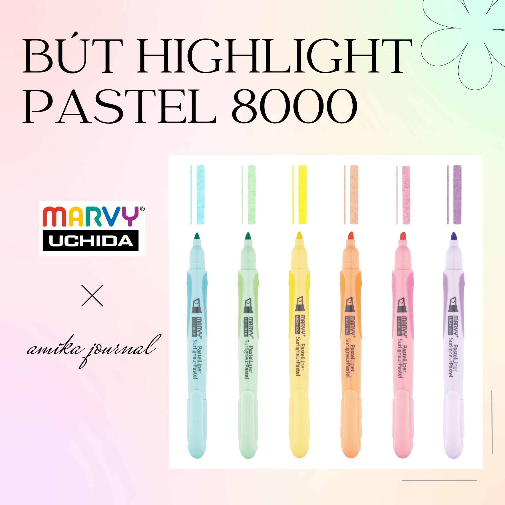 Bút dạ quang MARVY 8000 màu pastel trang trí sổ tay, bullet journal, lưu bút, ghi chép thông dụng
