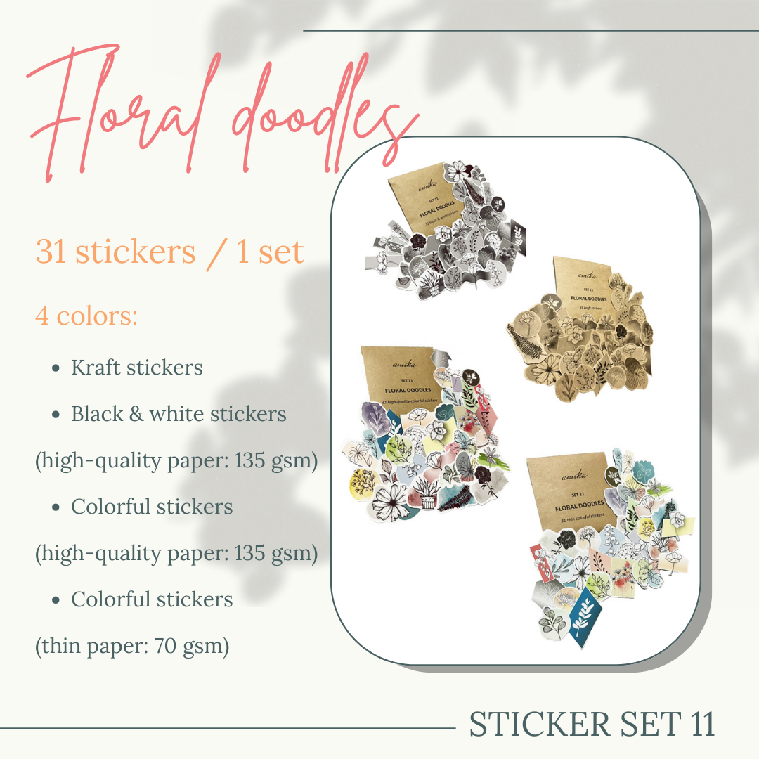 SET 11: FLORAL DOODLES - 31 stickers họa tiết hoa lá nhiều màu / kraft (trang trí sổ tay, planner, bullet journal,...)
