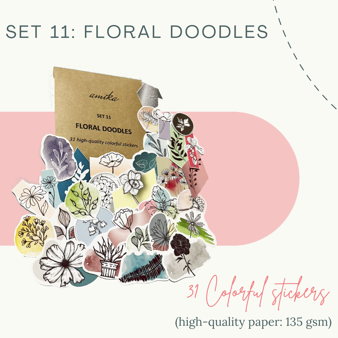 SET 11: FLORAL DOODLES - 31 stickers họa tiết hoa lá nhiều màu / kraft (trang trí sổ tay, planner, bullet journal,...)