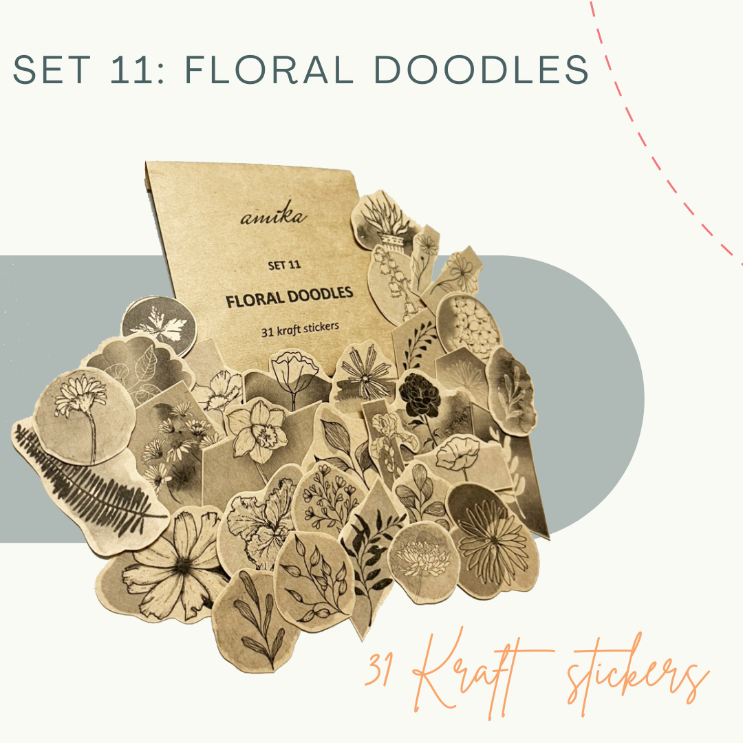 SET 11: FLORAL DOODLES - 31 stickers họa tiết hoa lá nhiều màu / kraft (trang trí sổ tay, planner, bullet journal,...)