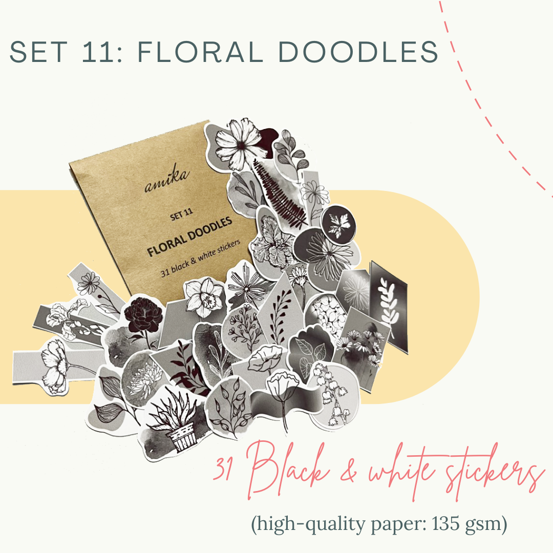 SET 11: FLORAL DOODLES - 31 stickers họa tiết hoa lá nhiều màu / kraft (trang trí sổ tay, planner, bullet journal,...)
