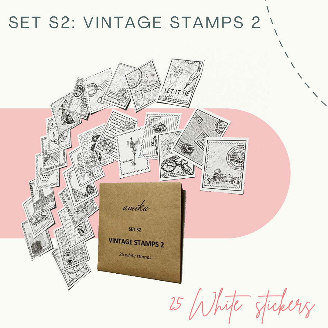 Vintage Stamp Stickers - Set S2: 25 sticker tem dán vintage trắng, kraft (trang trí sổ tay, planner, bullet journal)