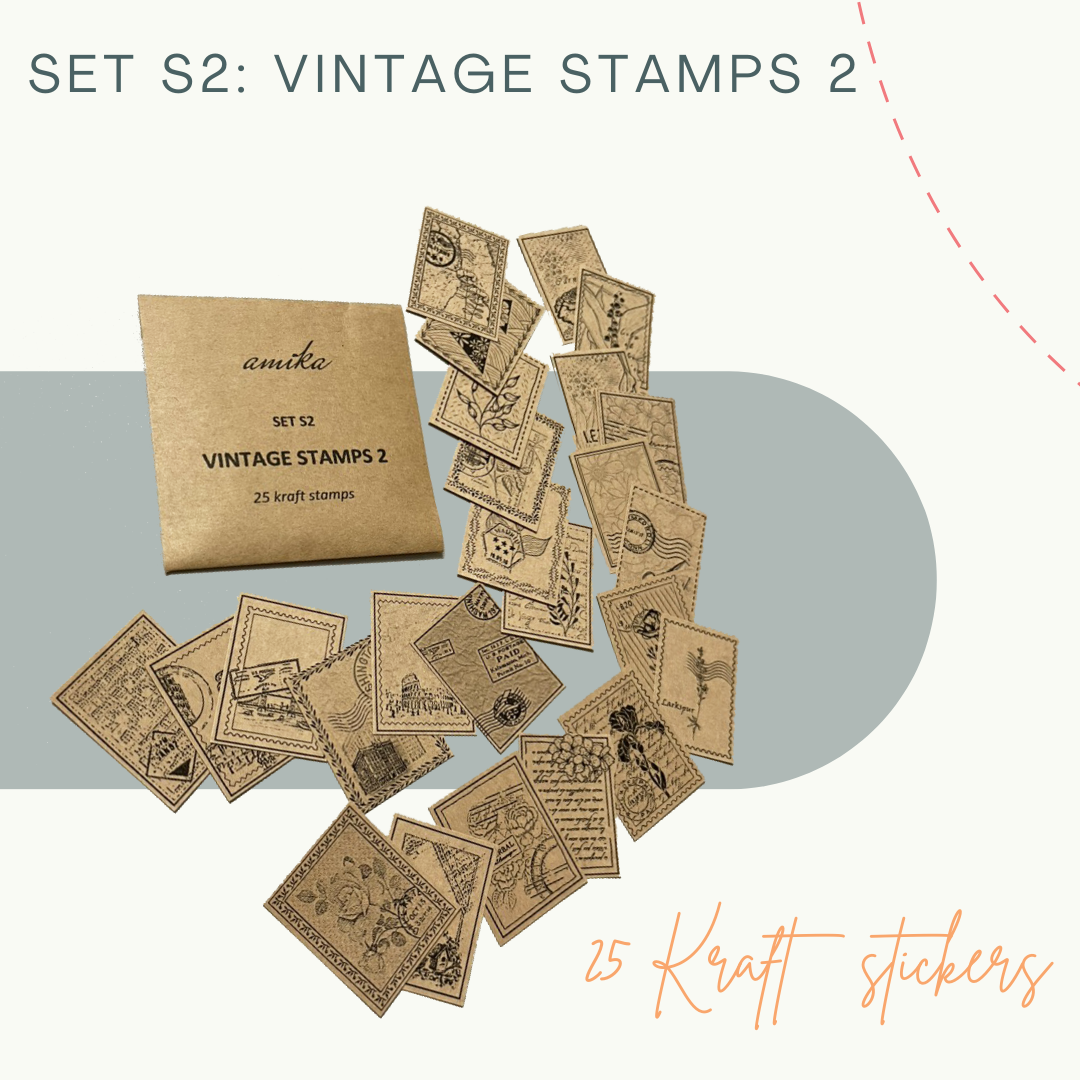 Vintage Stamp Stickers - Set S2: 25 sticker tem dán vintage trắng, kraft (trang trí sổ tay, planner, bullet journal)