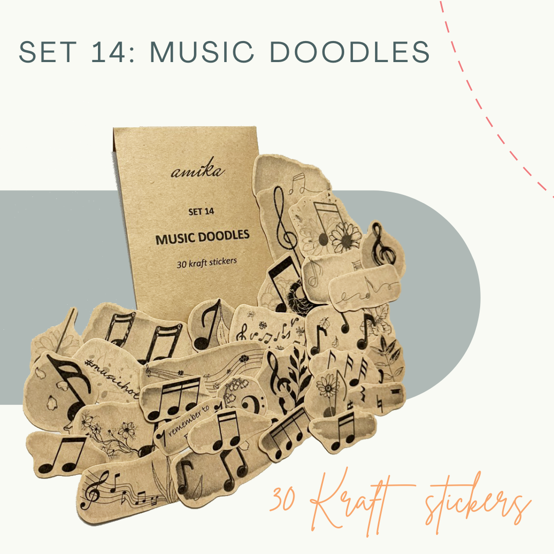 SET 14: MUSIC DOODLES - 30 stickers họa tiết nốt nhạc màu nước / kraft (trang trí sổ tay, planner, bullet journal,...)