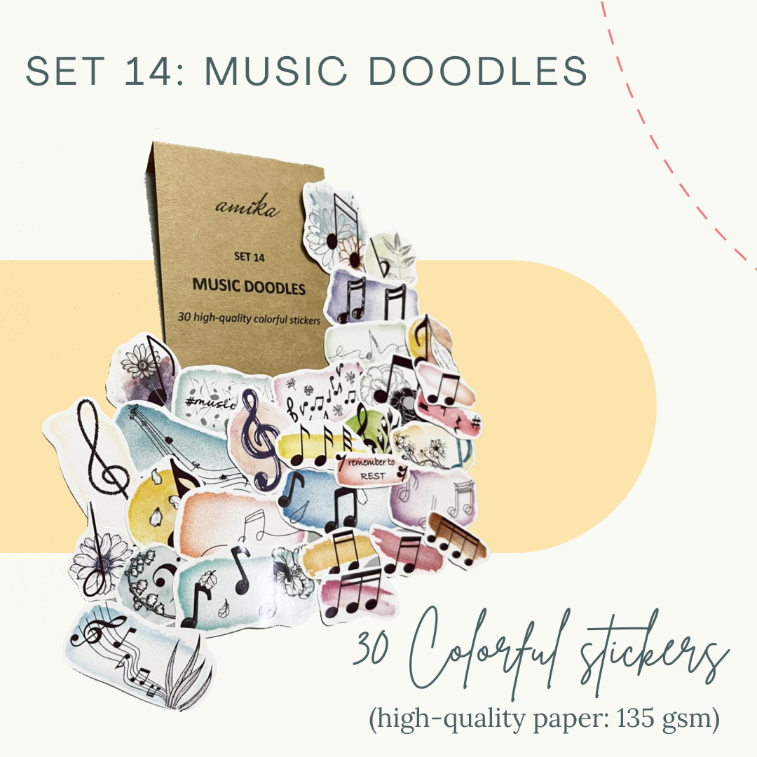 SET 14: MUSIC DOODLES - 30 stickers họa tiết nốt nhạc màu nước / kraft (trang trí sổ tay, planner, bullet journal,...)