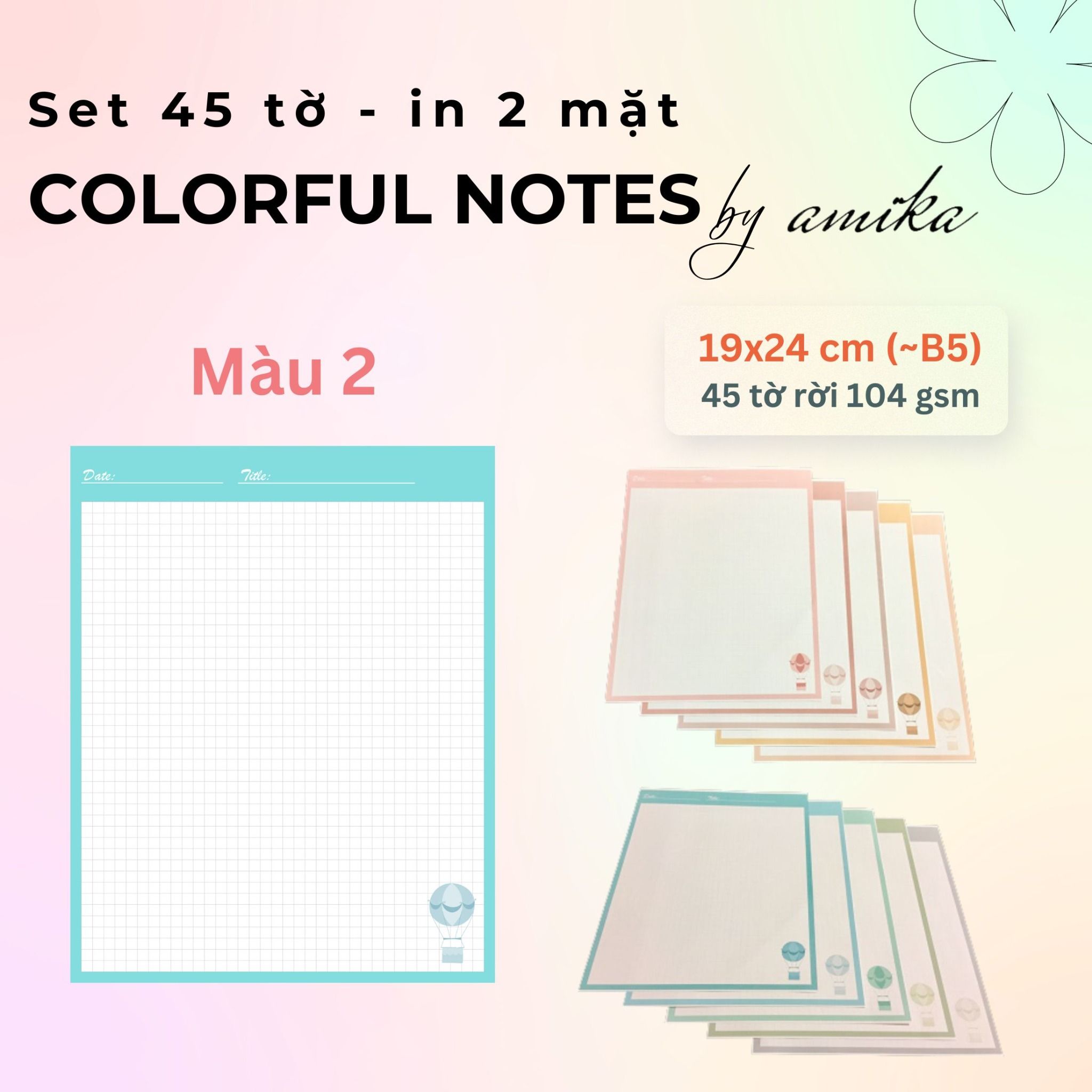 45 tờ giấy ghi chú họa tiết khinh khí cầu - Cute Hot Air Balloon Notes 19x24 cm (xấp xỉ B5) - Loại 1