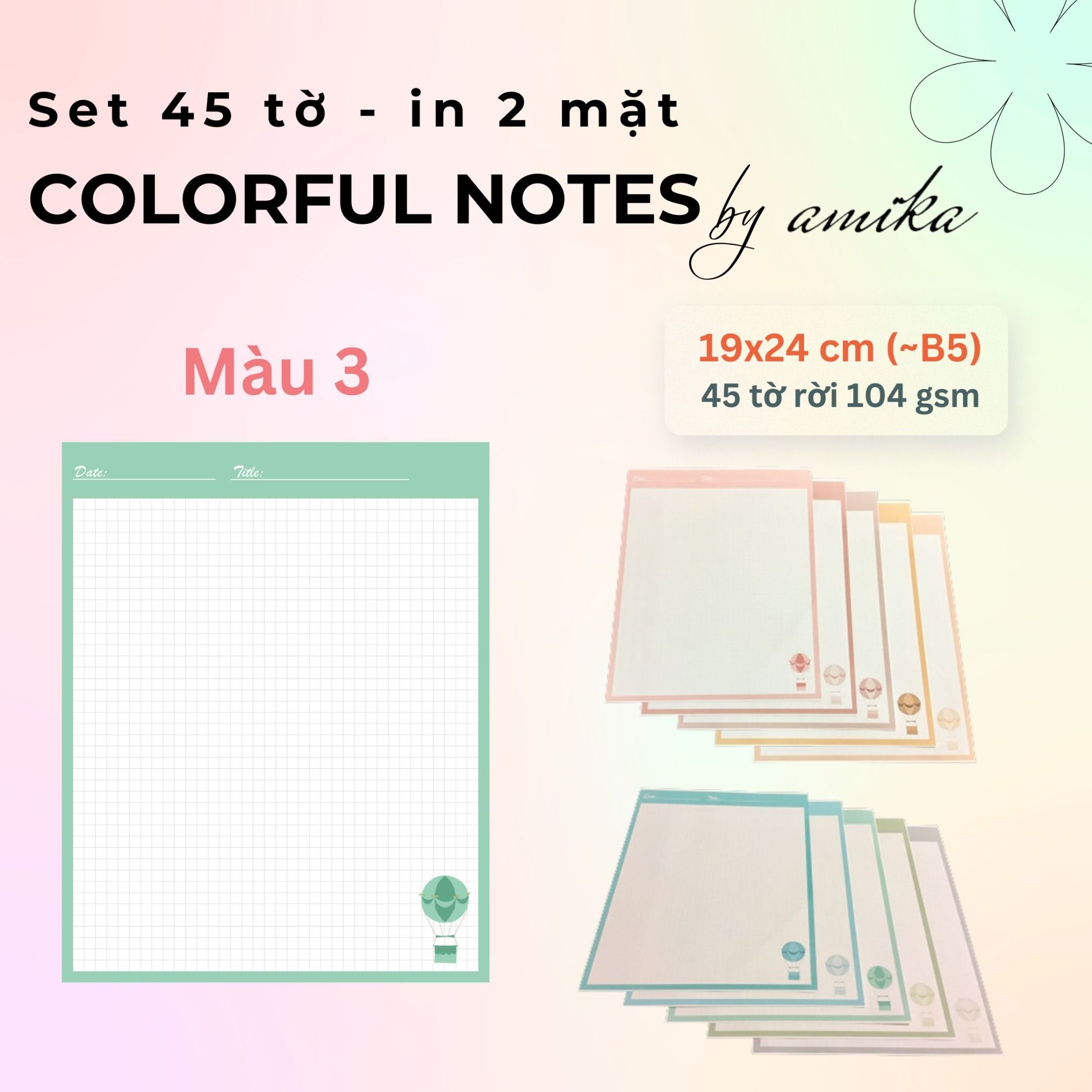 45 tờ giấy ghi chú họa tiết khinh khí cầu - Cute Hot Air Balloon Notes 19x24 cm (xấp xỉ B5) - Loại 1