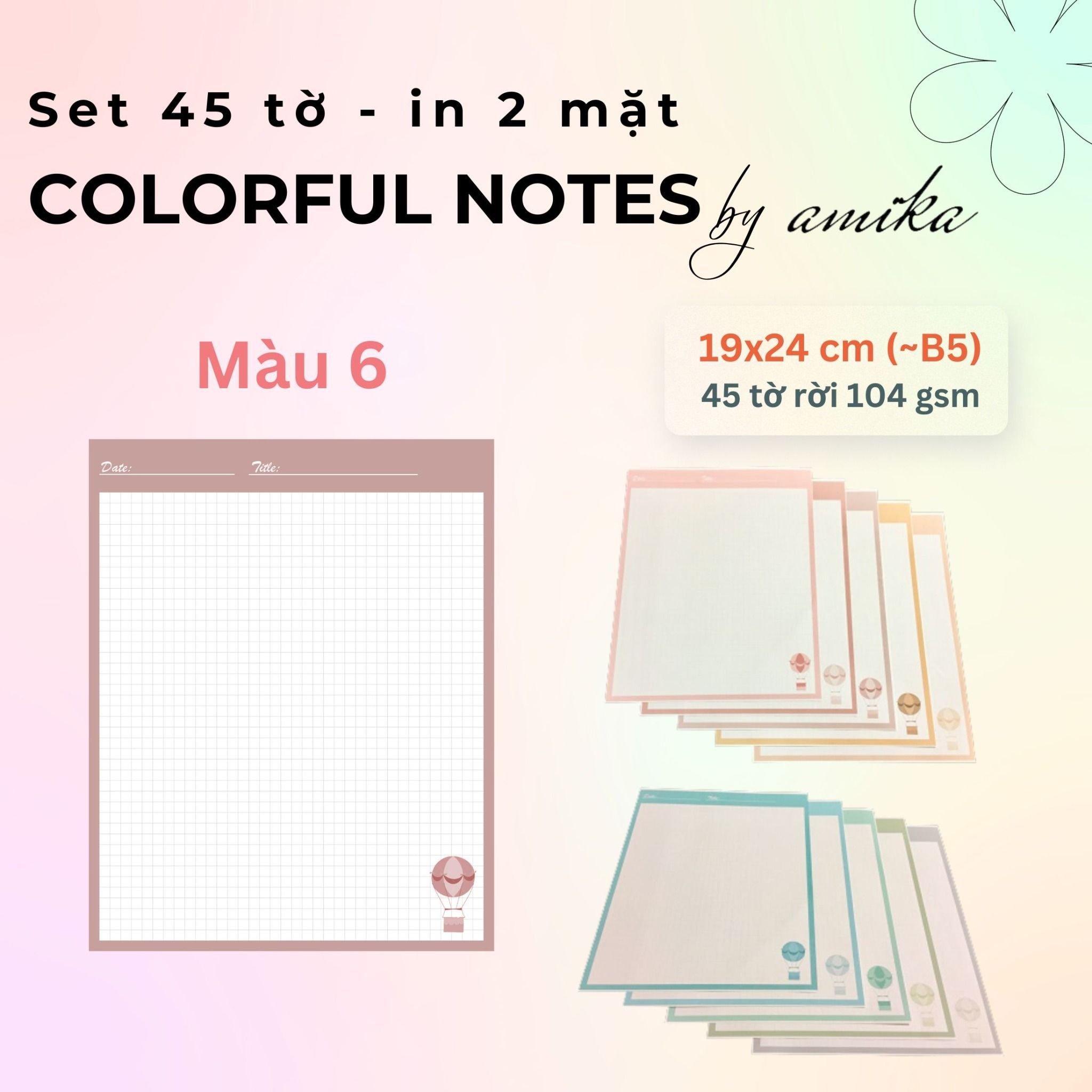 45 tờ giấy ghi chú họa tiết khinh khí cầu - Cute Hot Air Balloon Notes 19x24 cm (xấp xỉ B5) - Loại 1