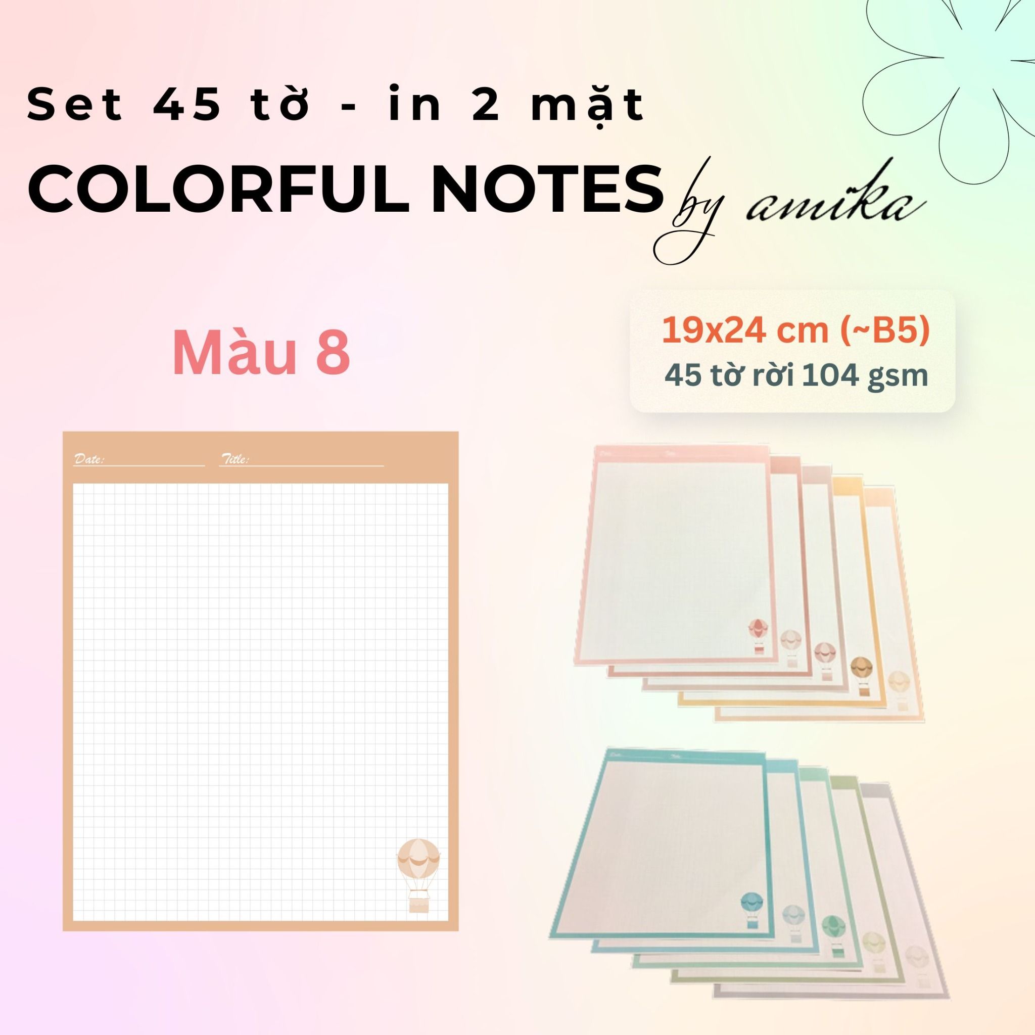 45 tờ giấy ghi chú họa tiết khinh khí cầu - Cute Hot Air Balloon Notes 19x24 cm (xấp xỉ B5) - Loại 1