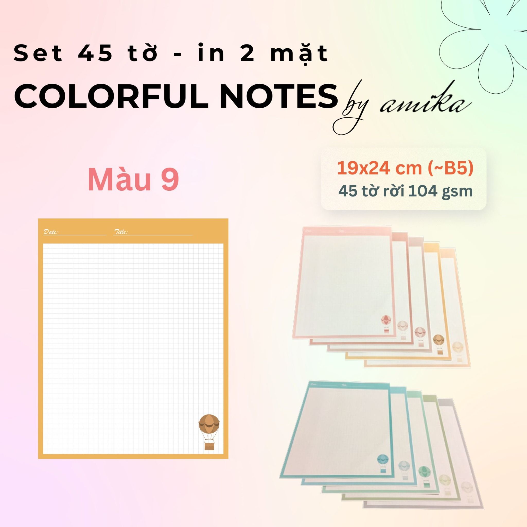 45 tờ giấy ghi chú họa tiết khinh khí cầu - Cute Hot Air Balloon Notes 19x24 cm (xấp xỉ B5) - Loại 1