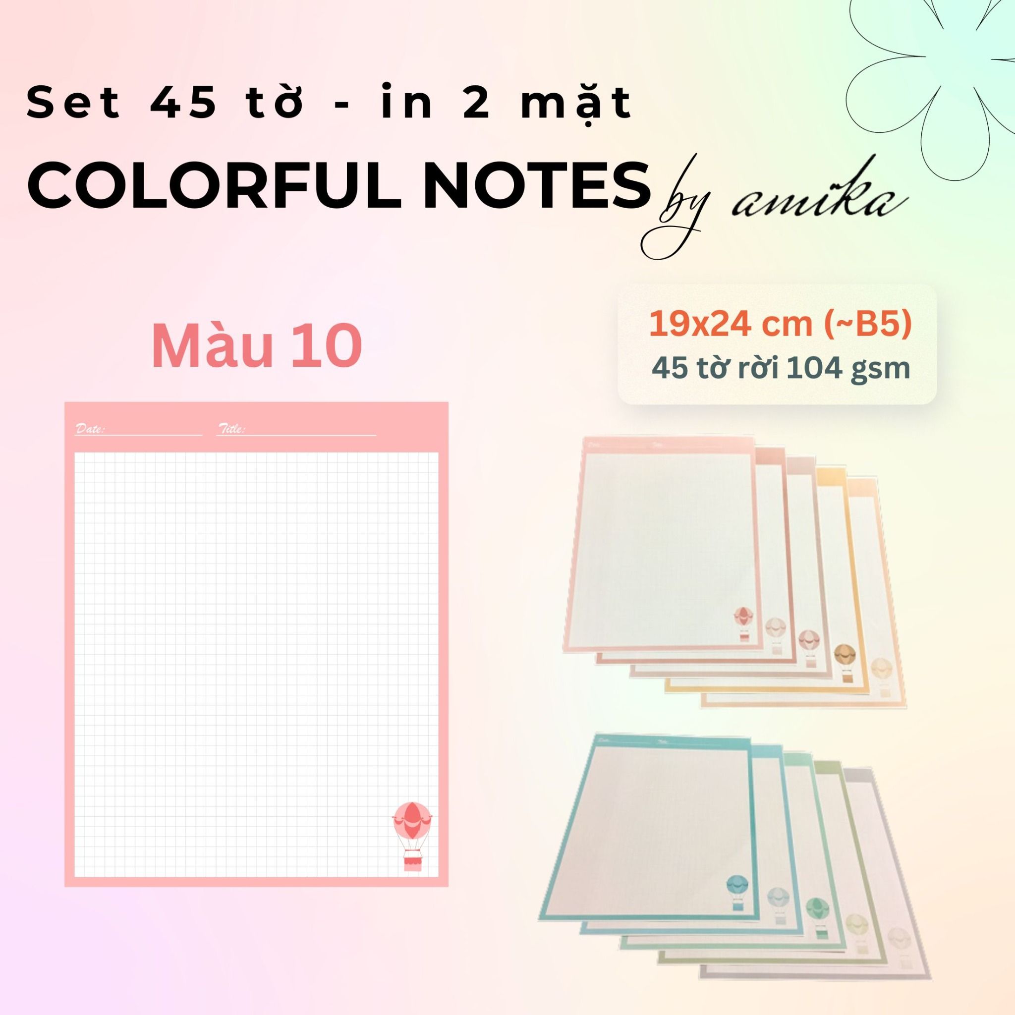 45 tờ giấy ghi chú họa tiết khinh khí cầu - Cute Hot Air Balloon Notes 19x24 cm (xấp xỉ B5) - Loại 1