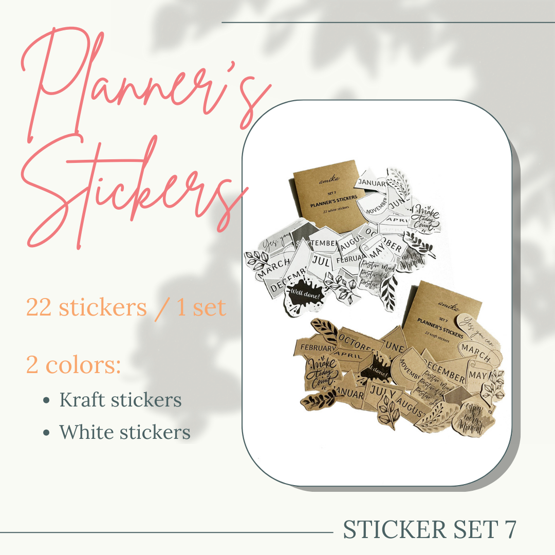 SET 7: PLANNER'S STICKERS - 22 stickers họa tiết trang trí sổ tay, planner, bullet journal,... (Tên tháng, quote, cành lá)