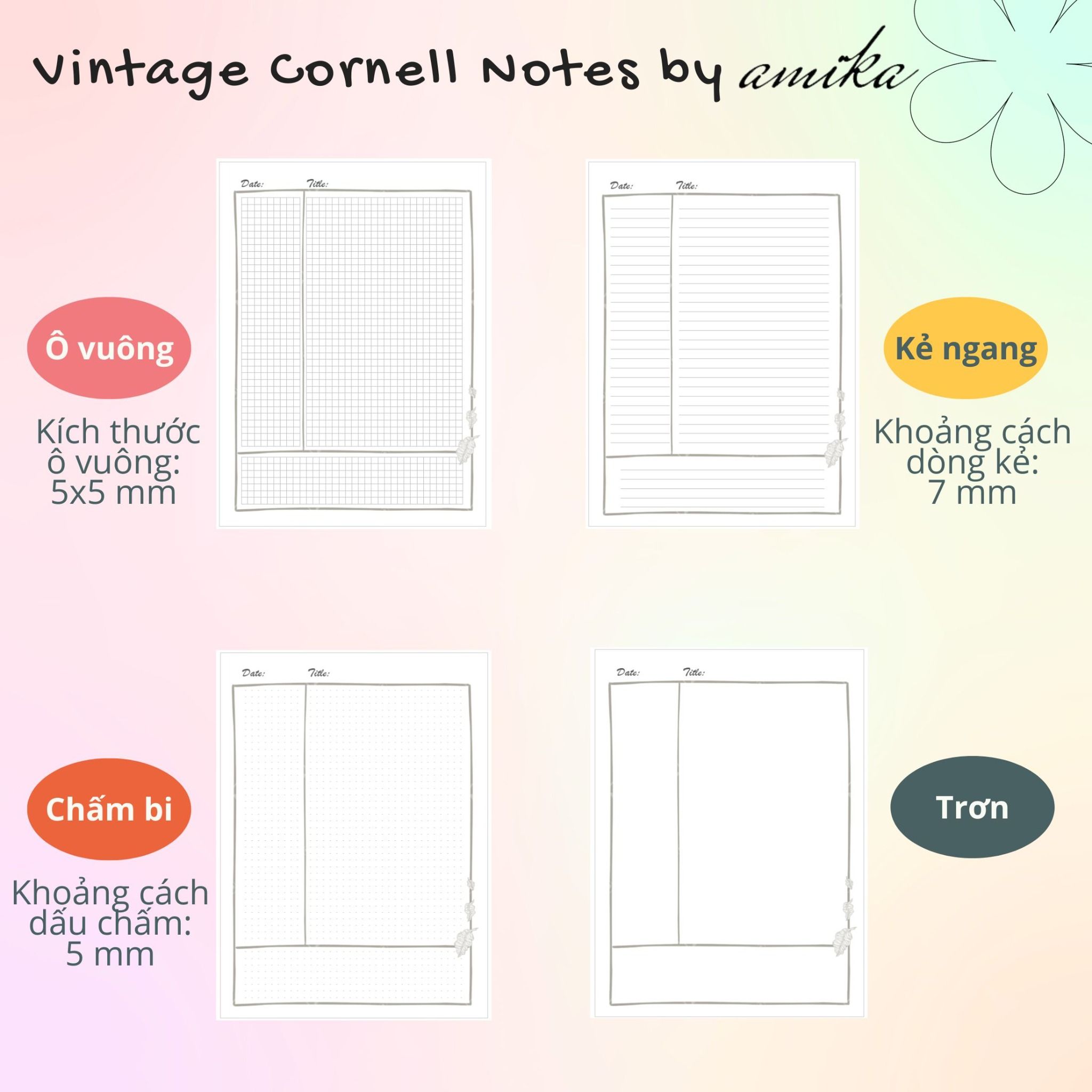 45 tờ giấy Cornell Notes 104 gsm 19x24 cm (xấp xỉ B5)