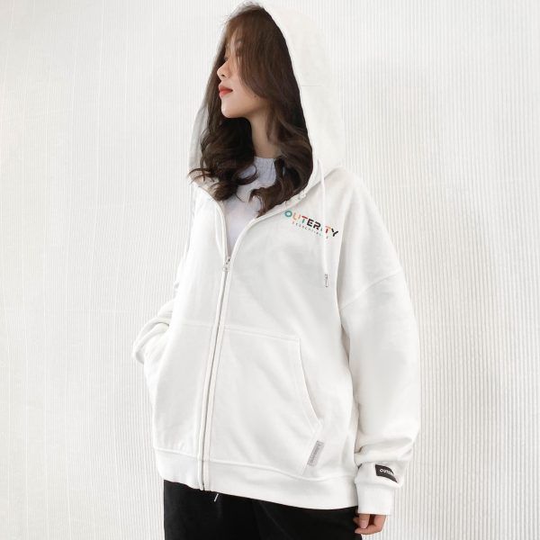 Hoodie Zip Rainbow - White