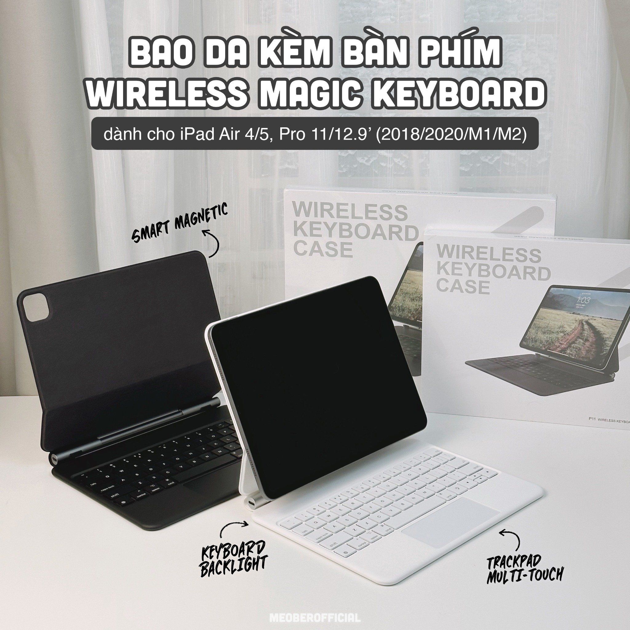 Bao Da Kèm Bàn Phím Wireless Magic Keyboard cho iPad Air4/5/6/7, Gen 10&11,Pro11 12.9 2020 M1 M2