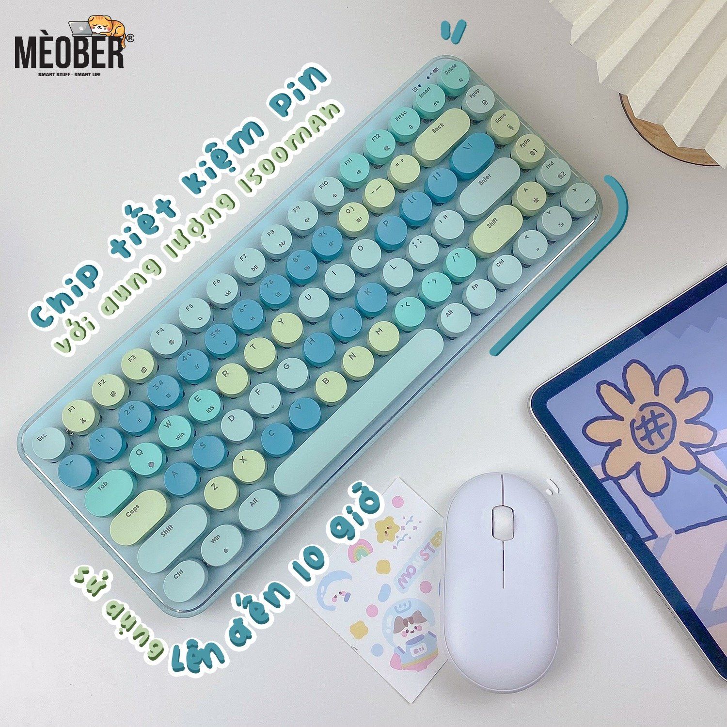 Bàn phím cơ bluetooth Ajazz K840T - Nút tròn Retro, đèn nền 16 chế độ, Kết nối cùng lúc 3 thiết bị, Red & Blue Switch