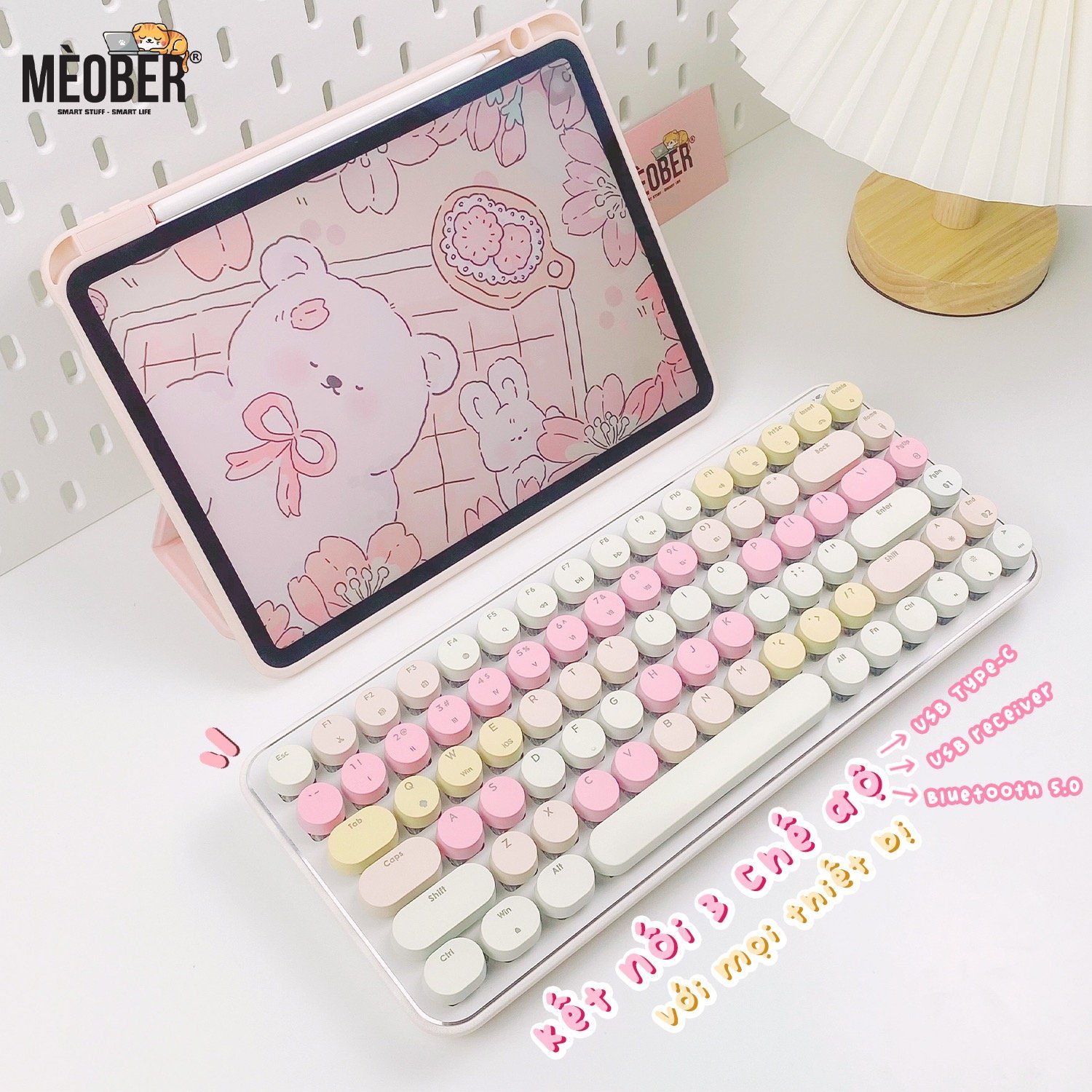 Bàn phím cơ bluetooth Ajazz K840T - Nút tròn Retro, đèn nền 16 chế độ, Kết nối cùng lúc 3 thiết bị, Red & Blue Switch