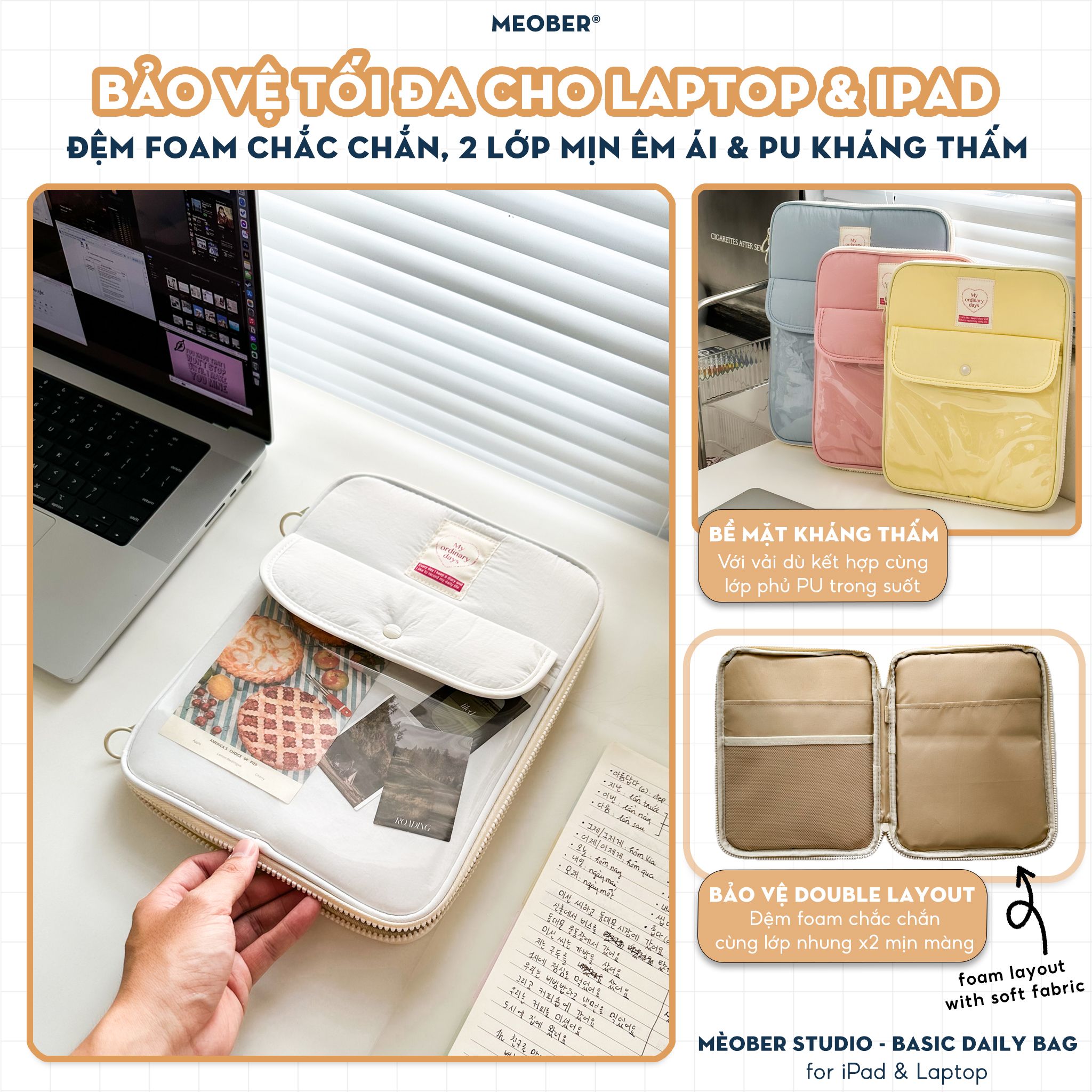  Túi chống sốc cho iPad & Laptop đa năng Basic Daily Korea Style - Thiết kế tối giản pastel, chia ngăn thông minh bảo vệ tối đa by MèoBer 