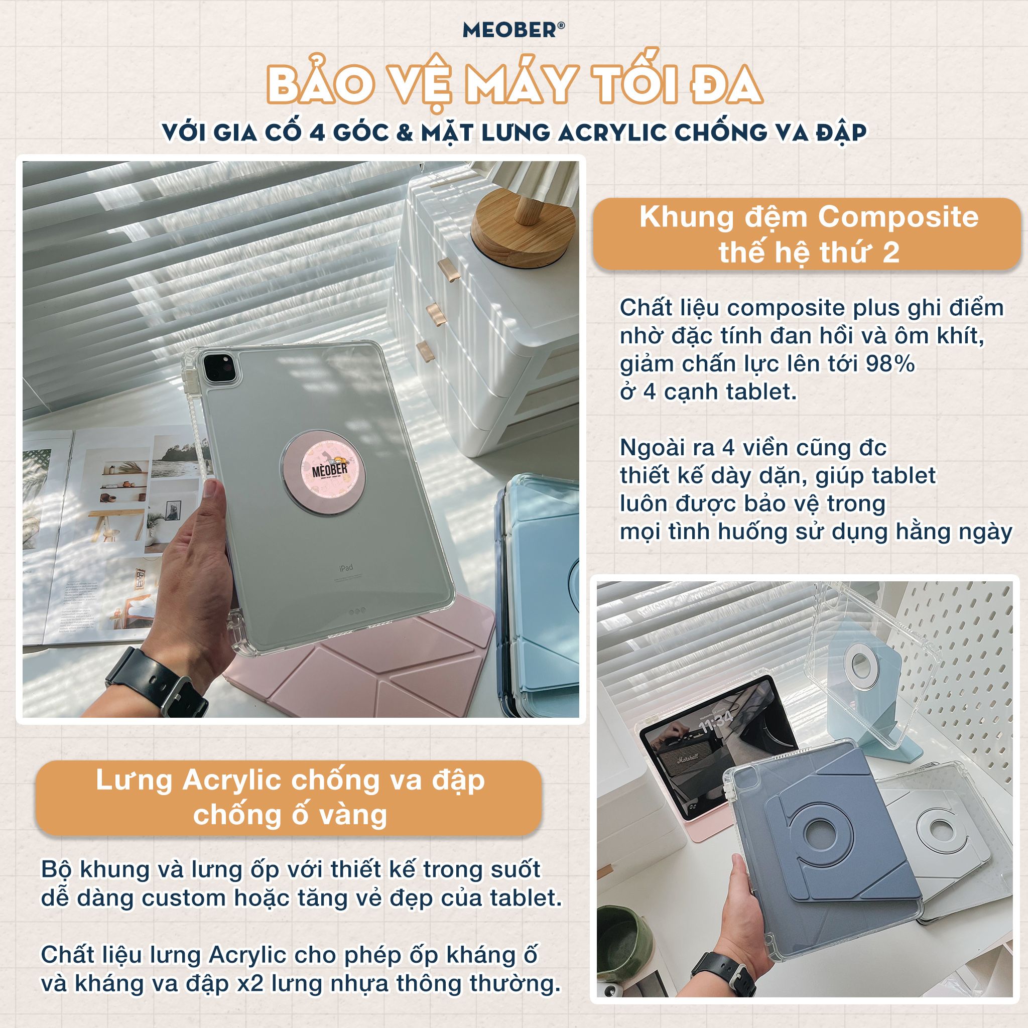 Bao da Nam Châm Xoay ProStand 360 dành cho i pad Gen 8/9/10/11, Air4/5, Pro 11,mini6&7 - Tháo rời, Nâng Cao Máy by MèoBer