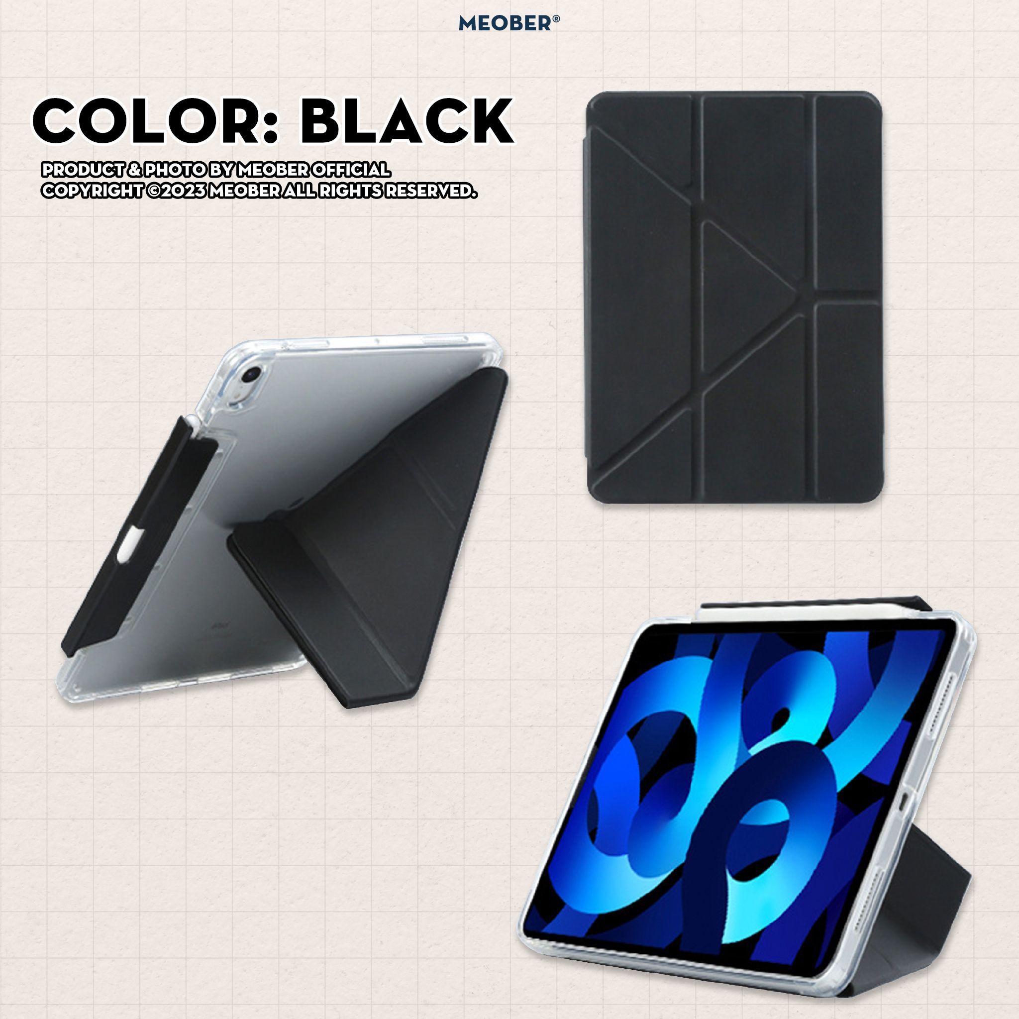 Bao da i Pad Origami gấp xếp xoay 360 cho Pro 11, Air 4/5/6/7, Gen7/8/9/10/11, Pro M4 - khay bút ẩn, lưng viền trong suốt by MèoBer