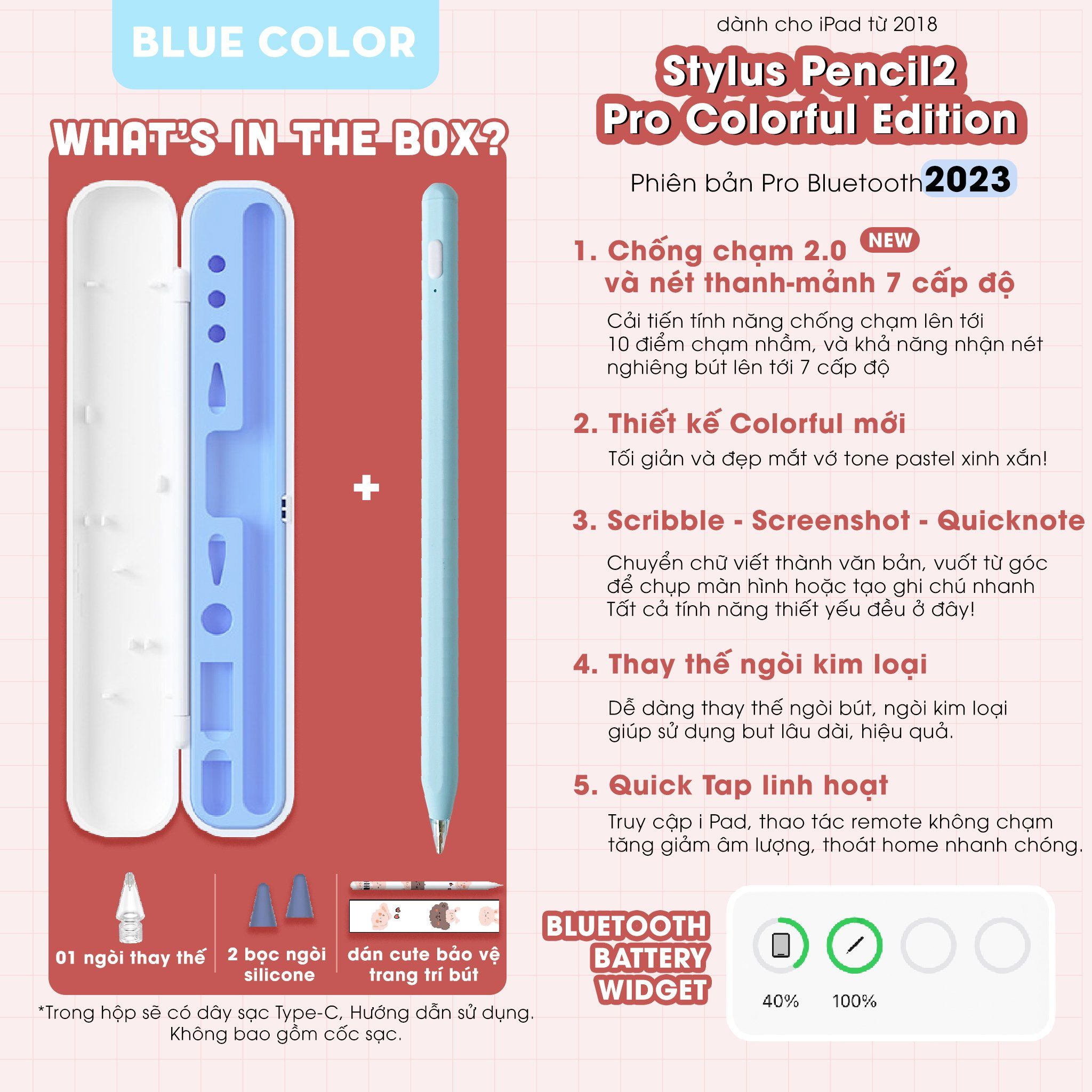 Bút cảm ứng Pencil Gen2 Pro Chống chạm nhầm, nét thanh nét đậm, ghi chú màu hồng, xanh cho Pro 11, 12.9, Air 4 5, Gen 8 9, Mini 5 6 by Meober