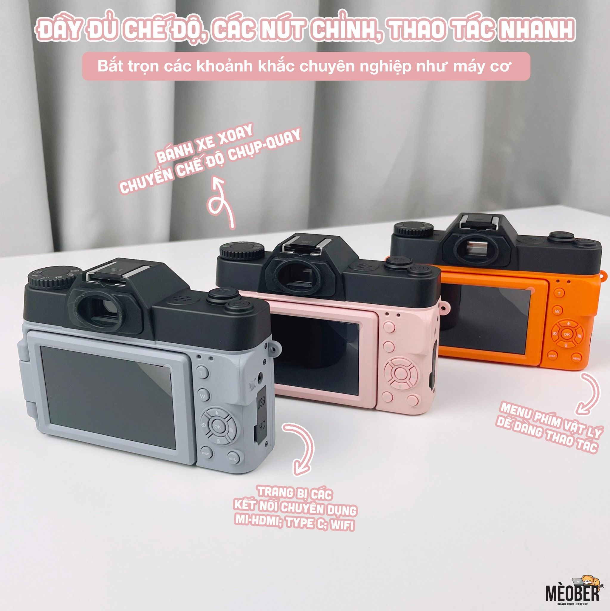  [Tặng thẻ nhớ] Máy Chụp Hình Retro 48MP Quay phim 4K UltraHD  - giả lập màu phim, quay video slow-mo, chuyển hình nhanh qua smartphone 