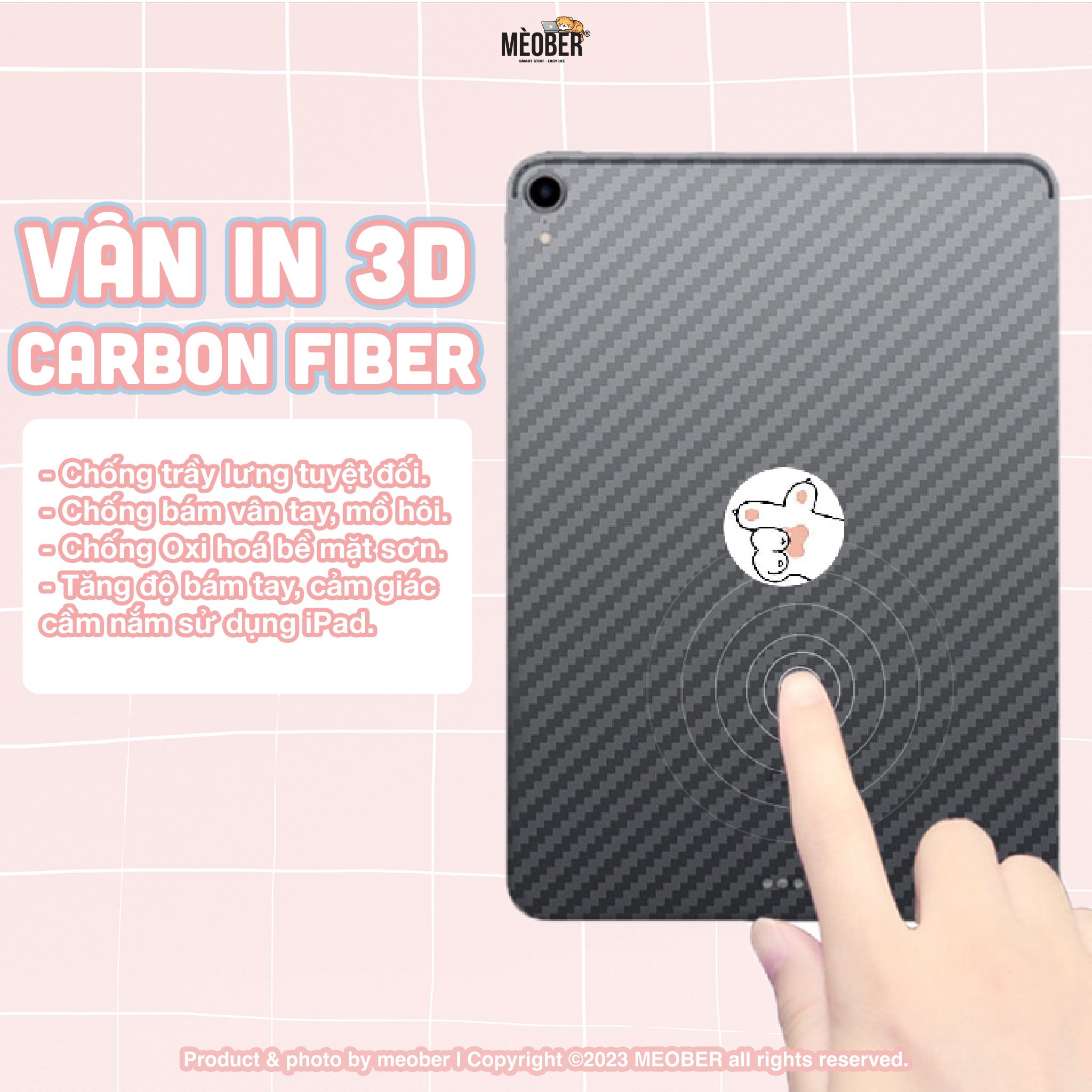 Miếng dán Carbon bảo vệ mặt lưng cho iPad - In 3D, chống trầy xước, không bám vân tay & tăng độ bám khi cầm iPad