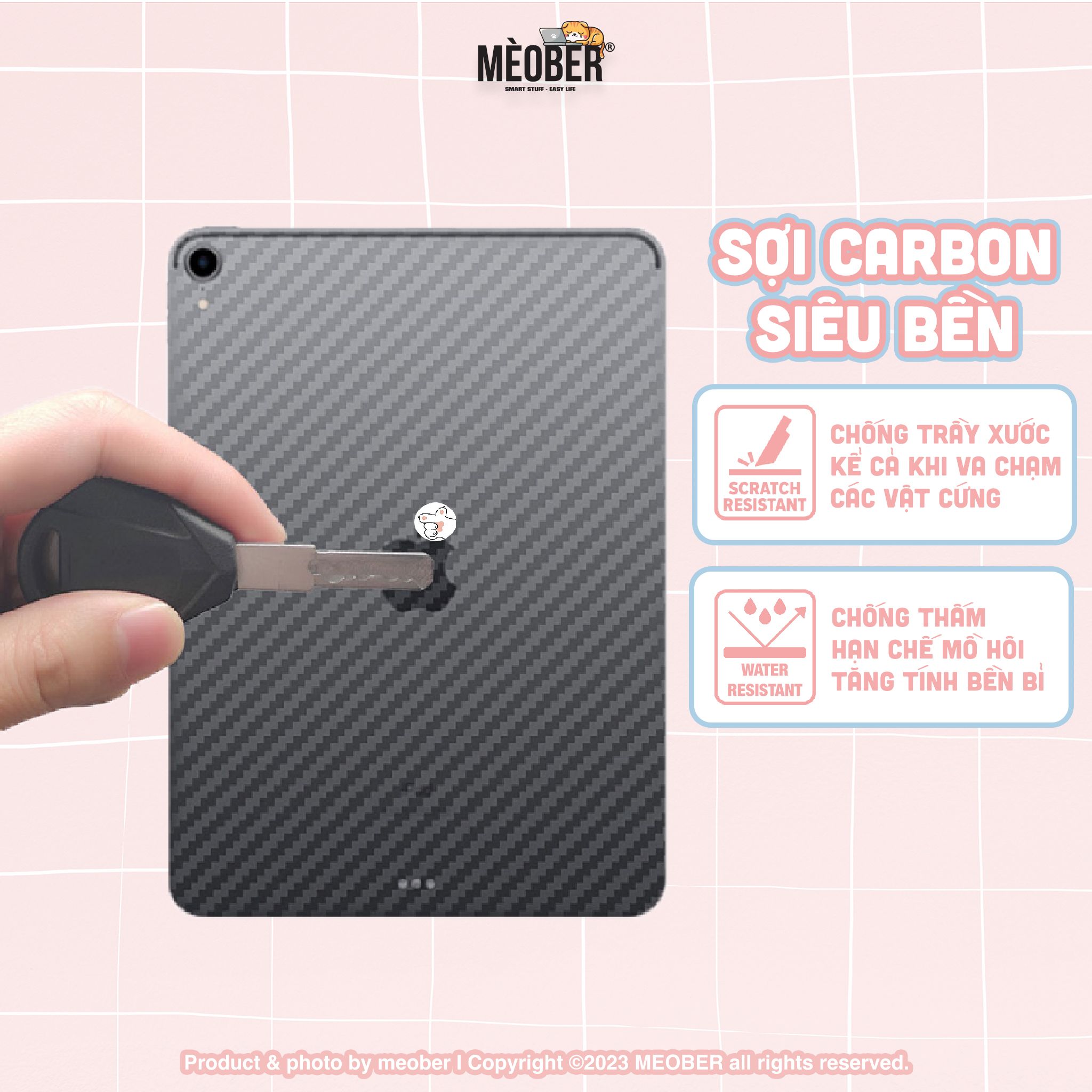 Miếng dán Carbon bảo vệ mặt lưng cho iPad - In 3D, chống trầy xước, không bám vân tay & tăng độ bám khi cầm iPad