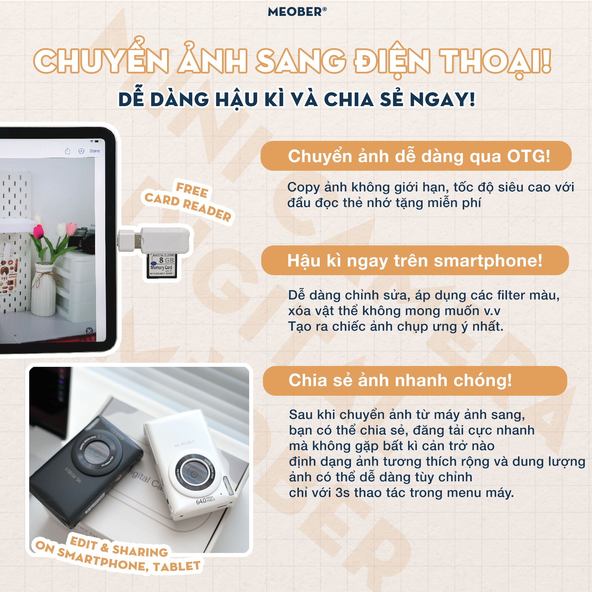  [Tặng thẻ nhớ] Máy ảnh kĩ thuật số digital mini camera HS Pixel - quay, chụp 64MP, siêu mỏng nhỏ gọn by MèoBer 