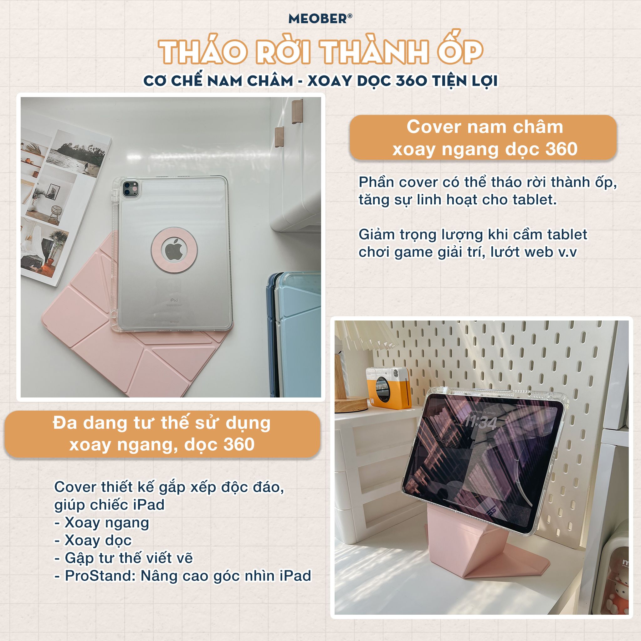 Bao da Nam Châm Xoay ProStand 360 dành cho i pad Gen 8/9/10/11, Air4/5, Pro 11,mini6&7 - Tháo rời, Nâng Cao Máy by MèoBer