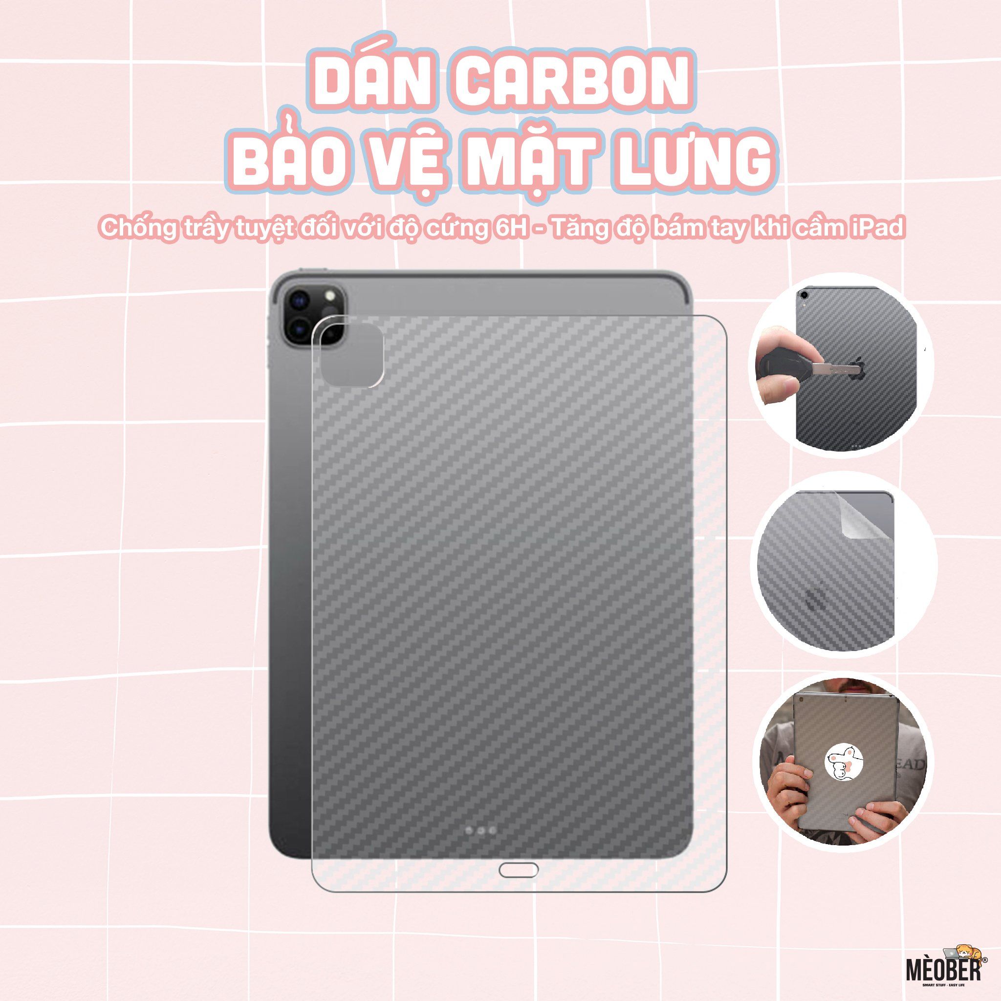 Miếng dán Carbon bảo vệ mặt lưng cho iPad - In 3D, chống trầy xước, không bám vân tay & tăng độ bám khi cầm iPad