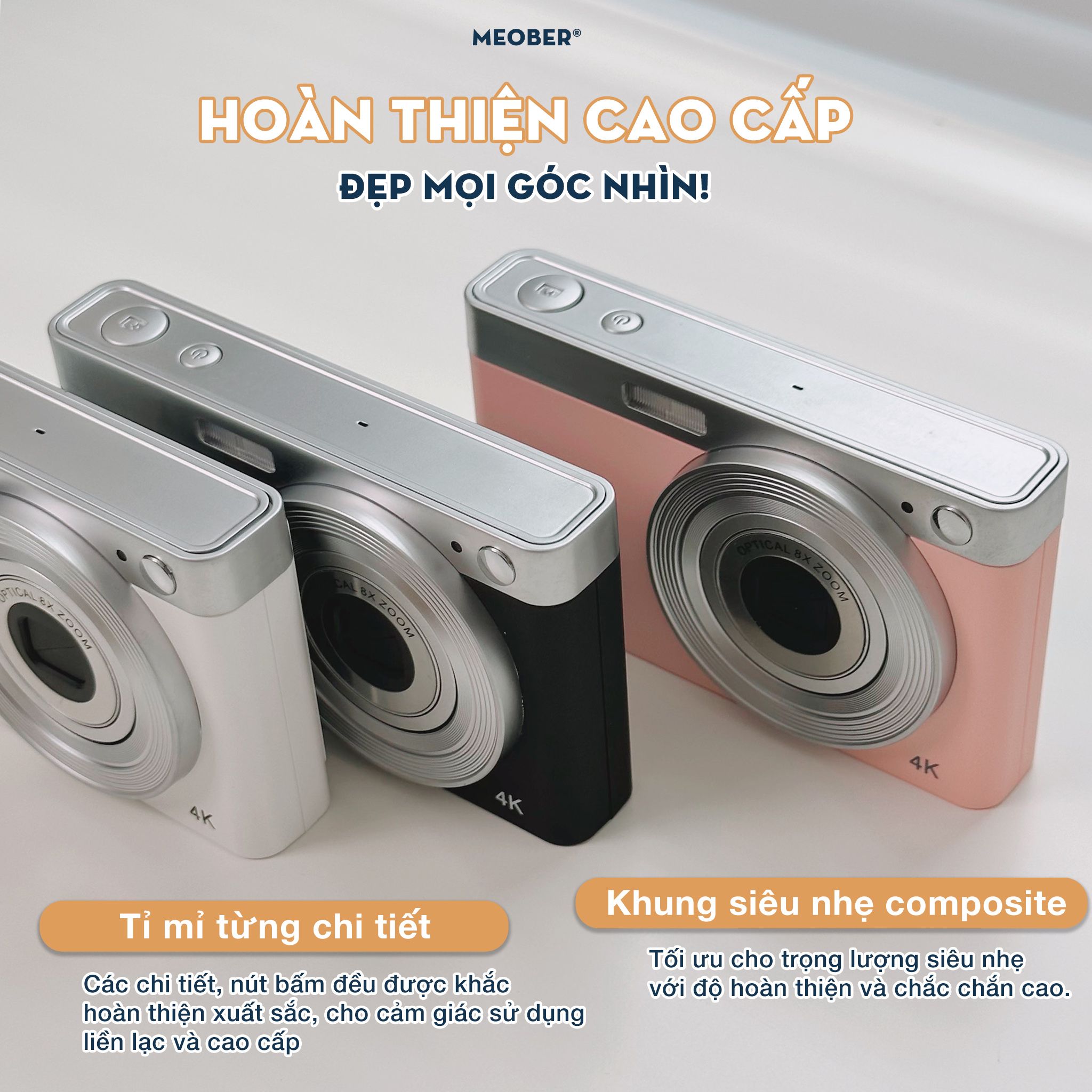  [Tặng thẻ nhớ] Máy Chụp hình mini digital v2 50MP Super Zoom, quay phim 4K, zoom quang học , quay video slow-mo, chuyển hình qua smartphone 