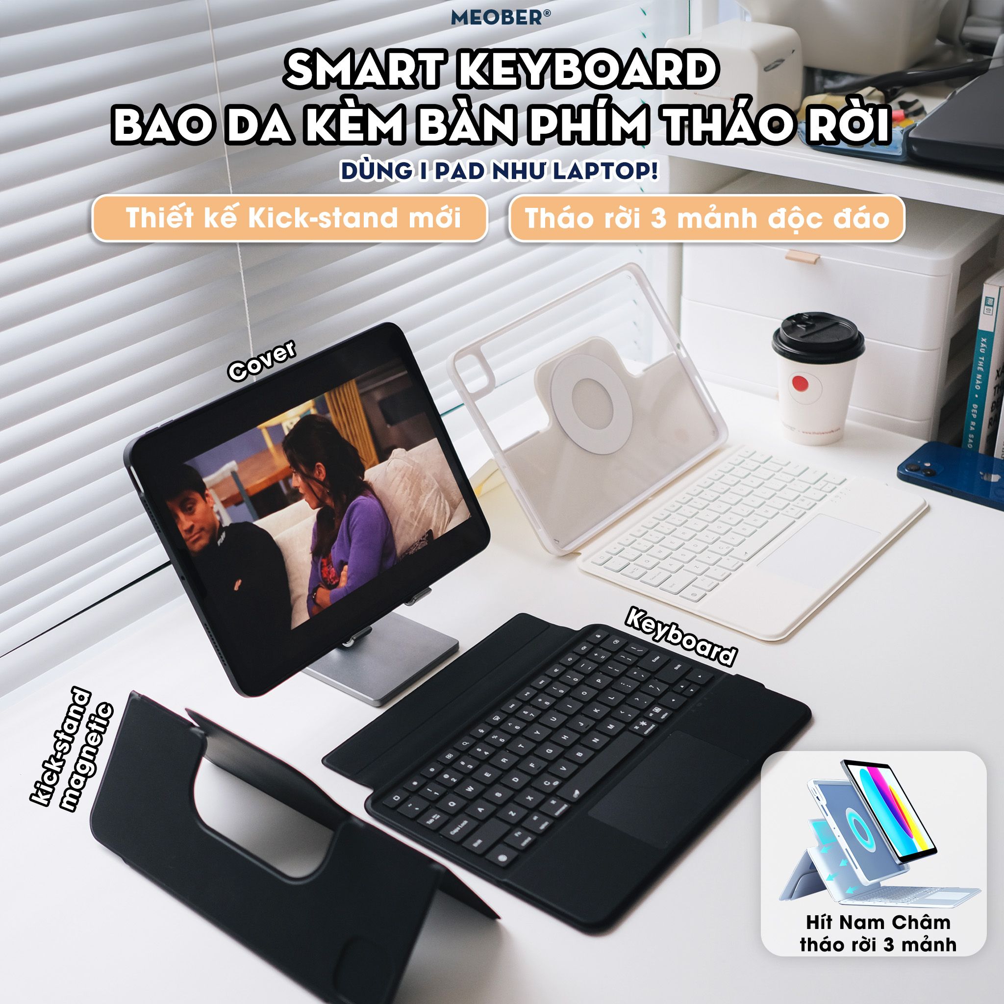  [Premium] Bao da iPad Kèm Bàn Phím Smart Keyboard tháo rời, xoay dọc dành cho Gen 7 8 9, Air 4 5, Pro 11 M1 M2 by Meober 