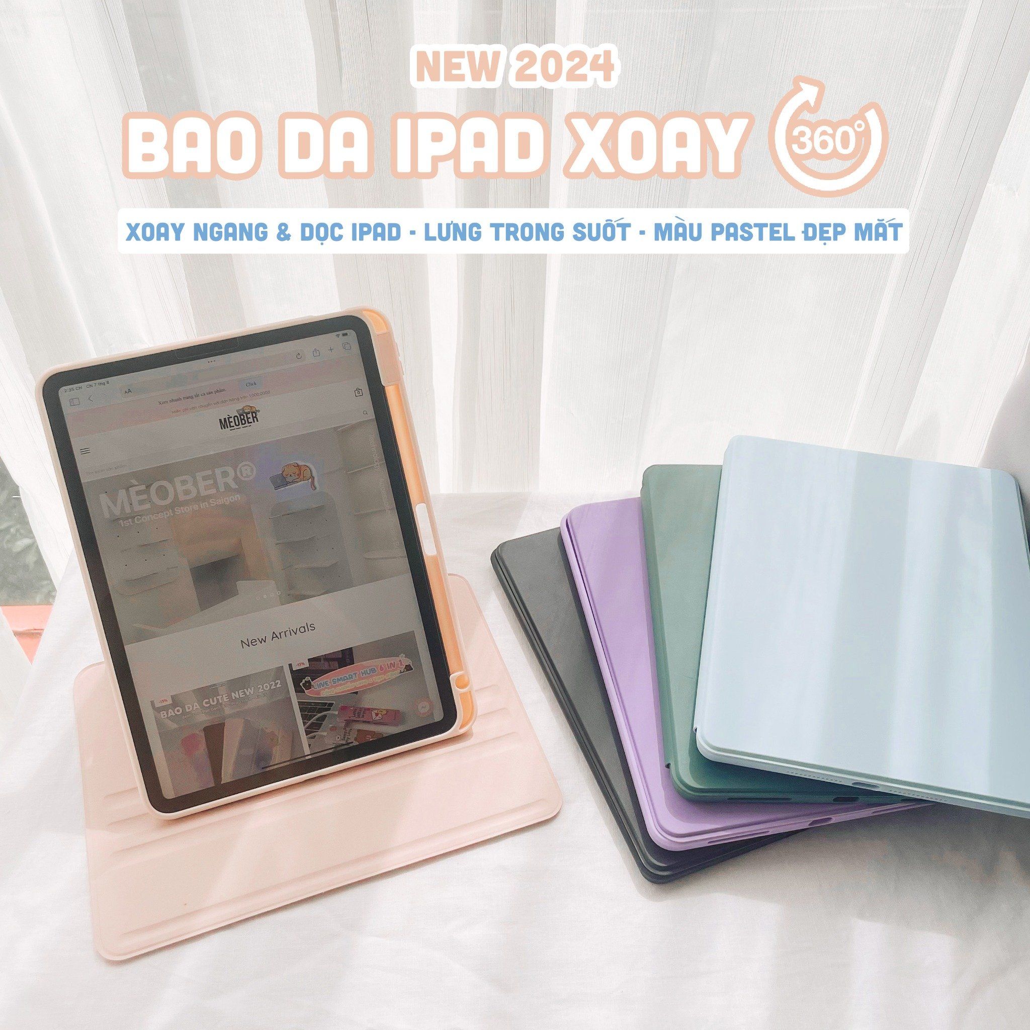 Bao da iPad Xoay Dọc 360 cho iPad Pro 11, Mini 6/7, Air 4/5/6/7, 10.2 inch, Gen10/11, Pro M4 - Có khe sạc bút, lưng trong suốt