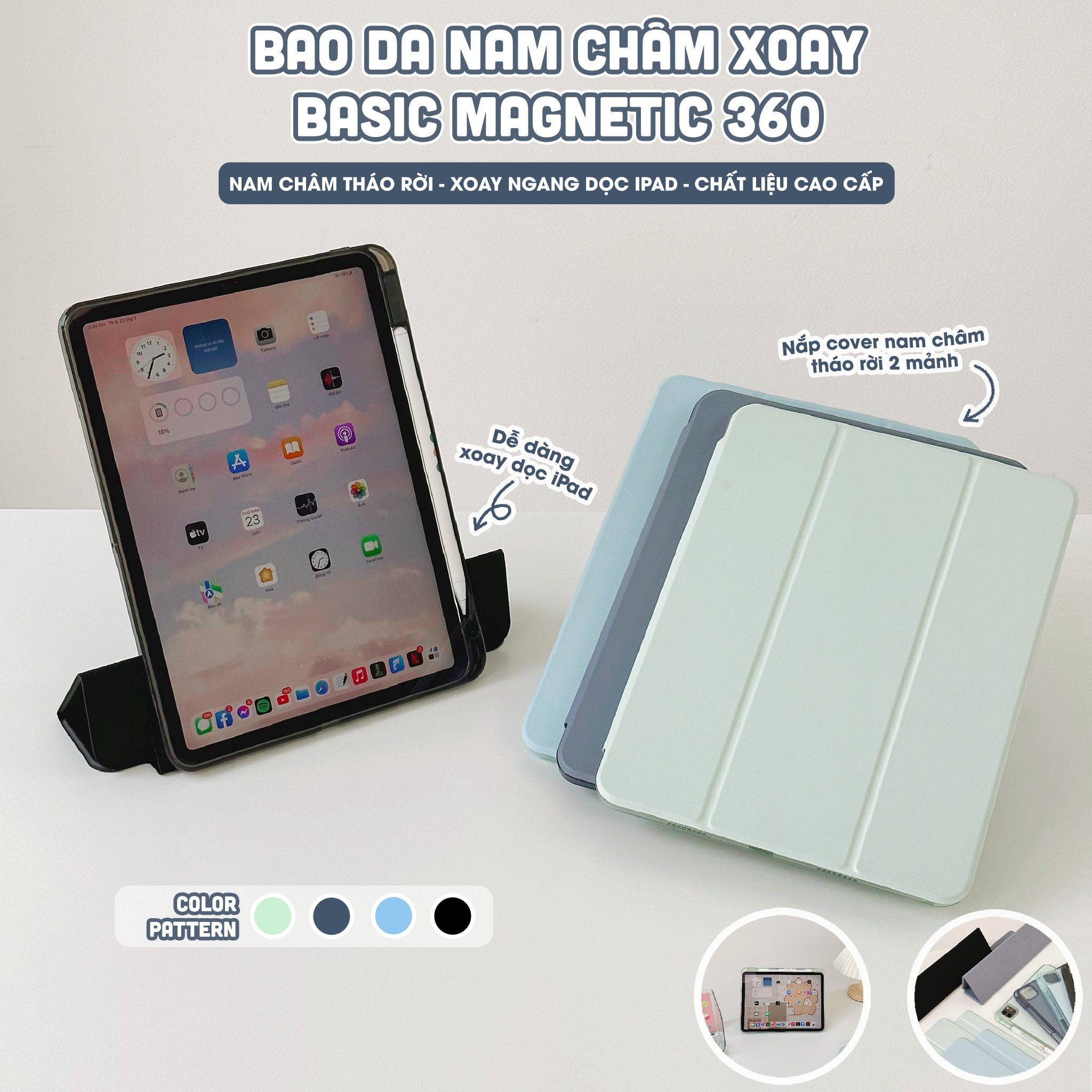  [Premium] Bao da nam châm xoay iPad Basic Magnetic 360, tháo rời 2 mảnh cho Pro 11, Air 4 5, 10.2 inch, lưng da cao cấp 