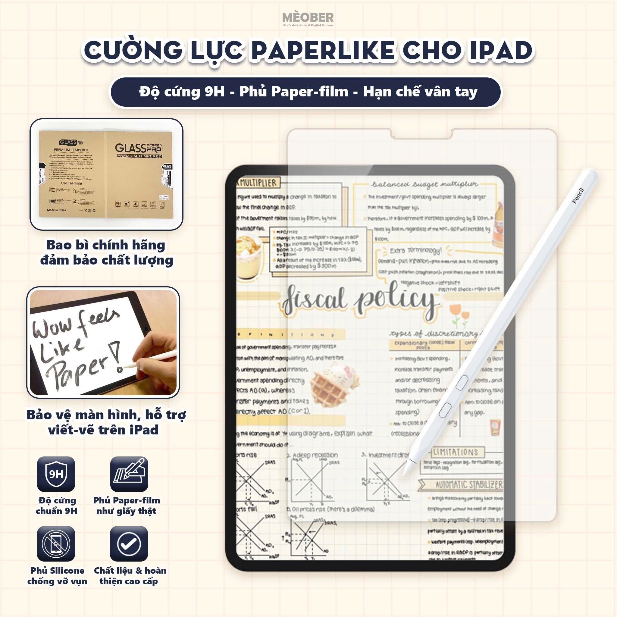 Kính cường lực Paperlike cho iPad - bảo vệ màn hình siêu cứng 9H, phủ paper-film nhám viết vẽ như trên giấy, hạn chế vân, ánh sáng xanh by MèoBer