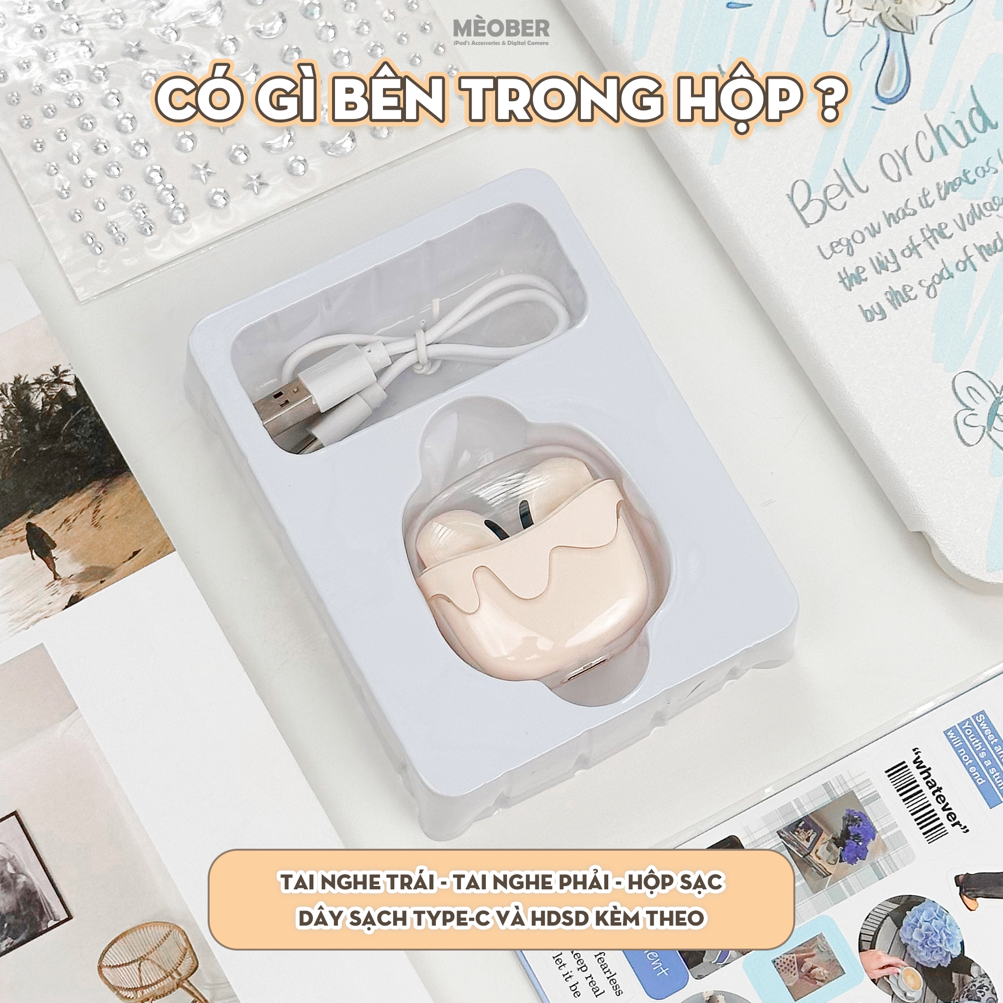 Tai Nghe TWS Crystal Cute 2024 âm thanh nổi, giảm ồn, thiết kế trong suốt by MèoBer