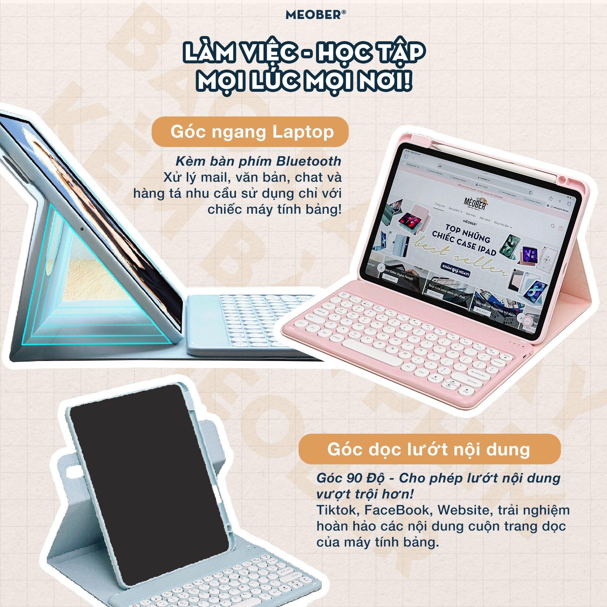 Bao da iPad Xoay kèm bàn phím - Case Keyboard 360 by Meober dành cho Gen 8/9/10 Air4/5/6 Pro11
